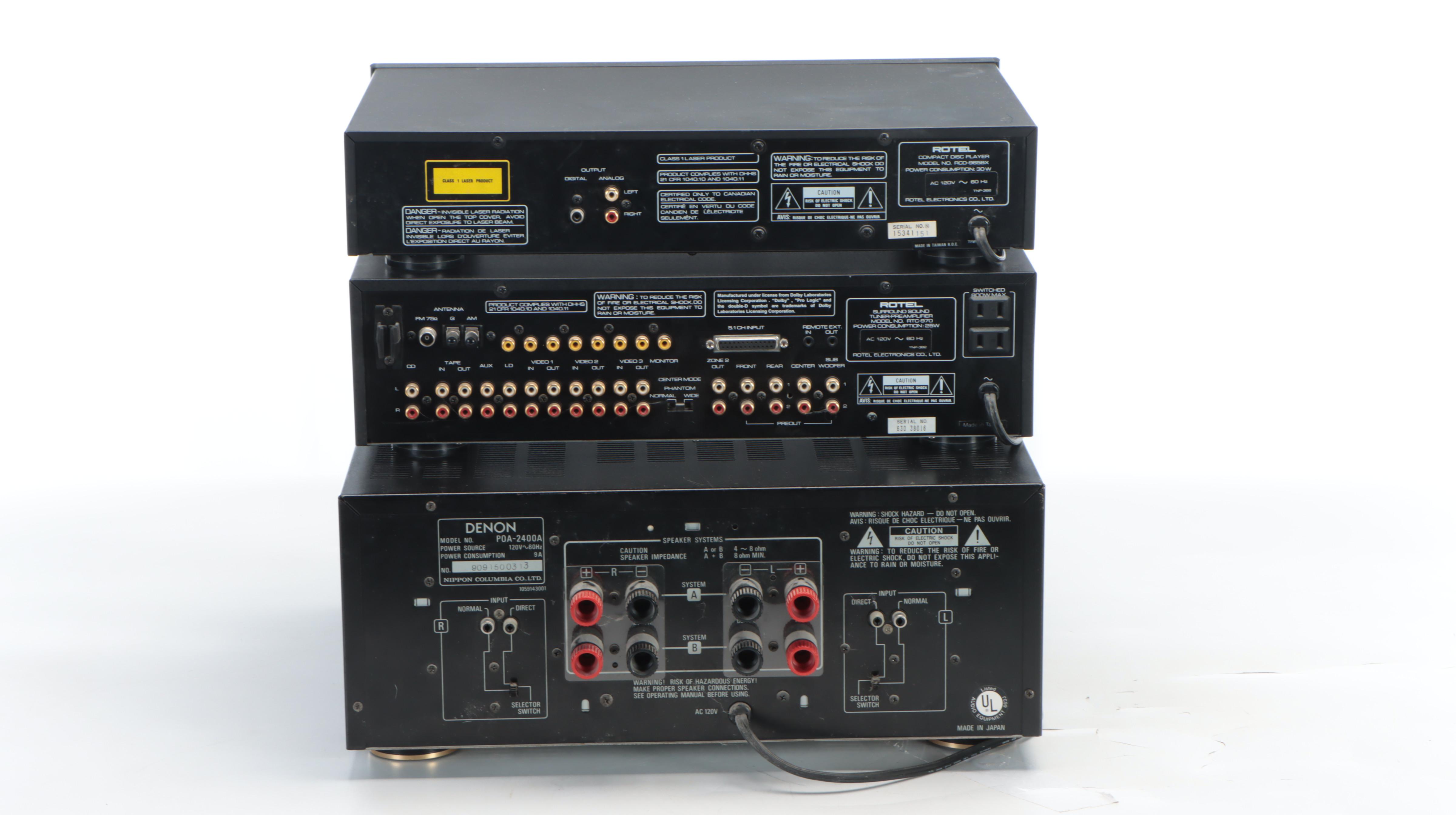 Denon Stereo Power Amp with Rotel Tuner Preamplifier and CD Player