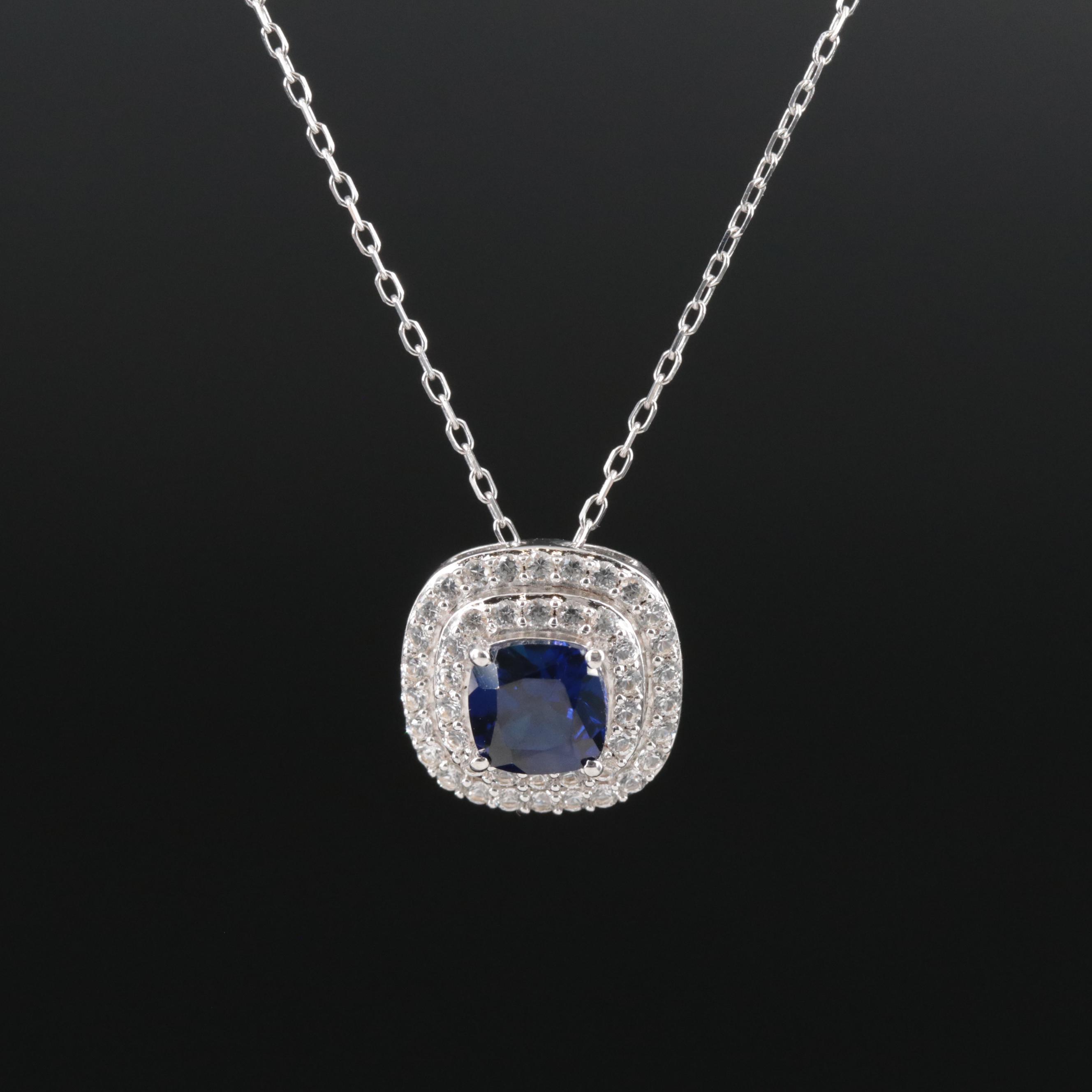 Sterling Blue and White Sapphire Double Halo Pendant Necklace