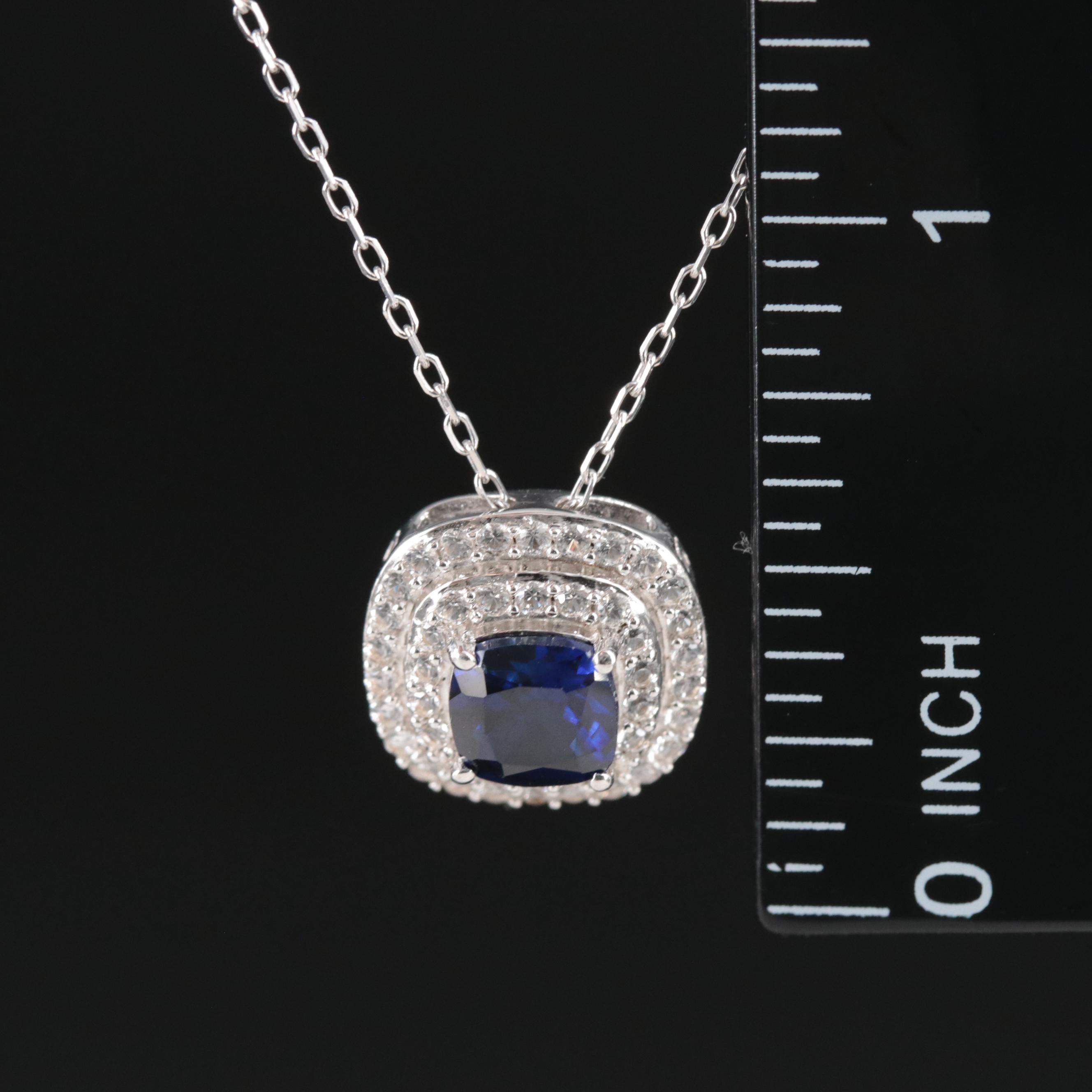 Sterling Blue and White Sapphire Double Halo Pendant Necklace