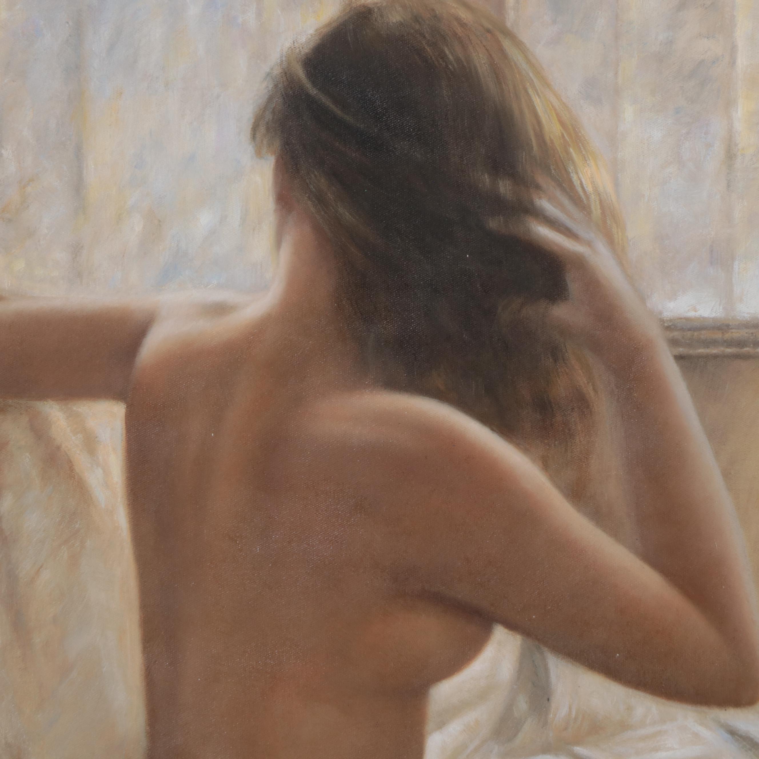Simone Oil Painting of Semi-Nude Female Figure, 21st Century