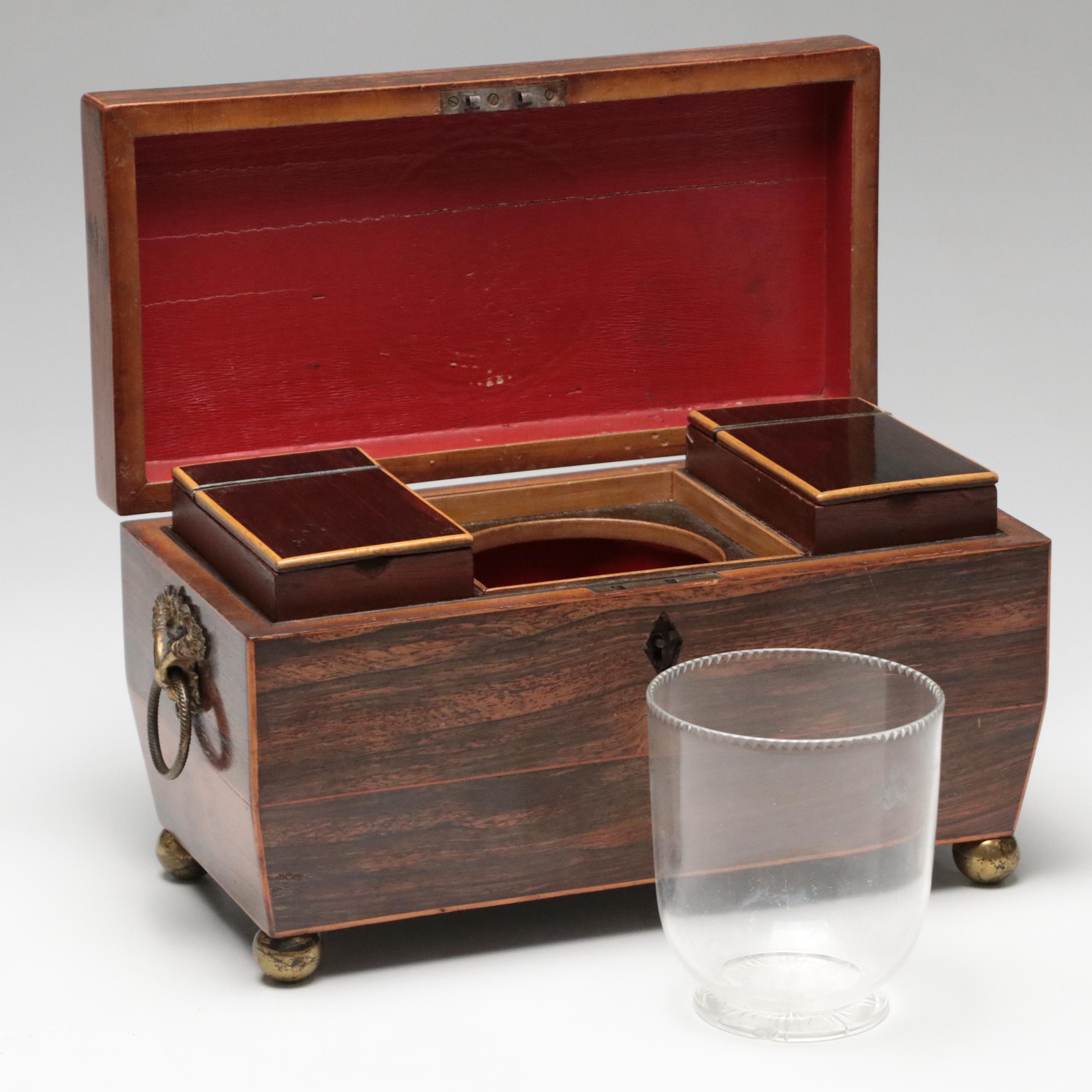 Regency Rosewood Tea Caddy with Cut Glass Mixing Bowl, Early 19th Century