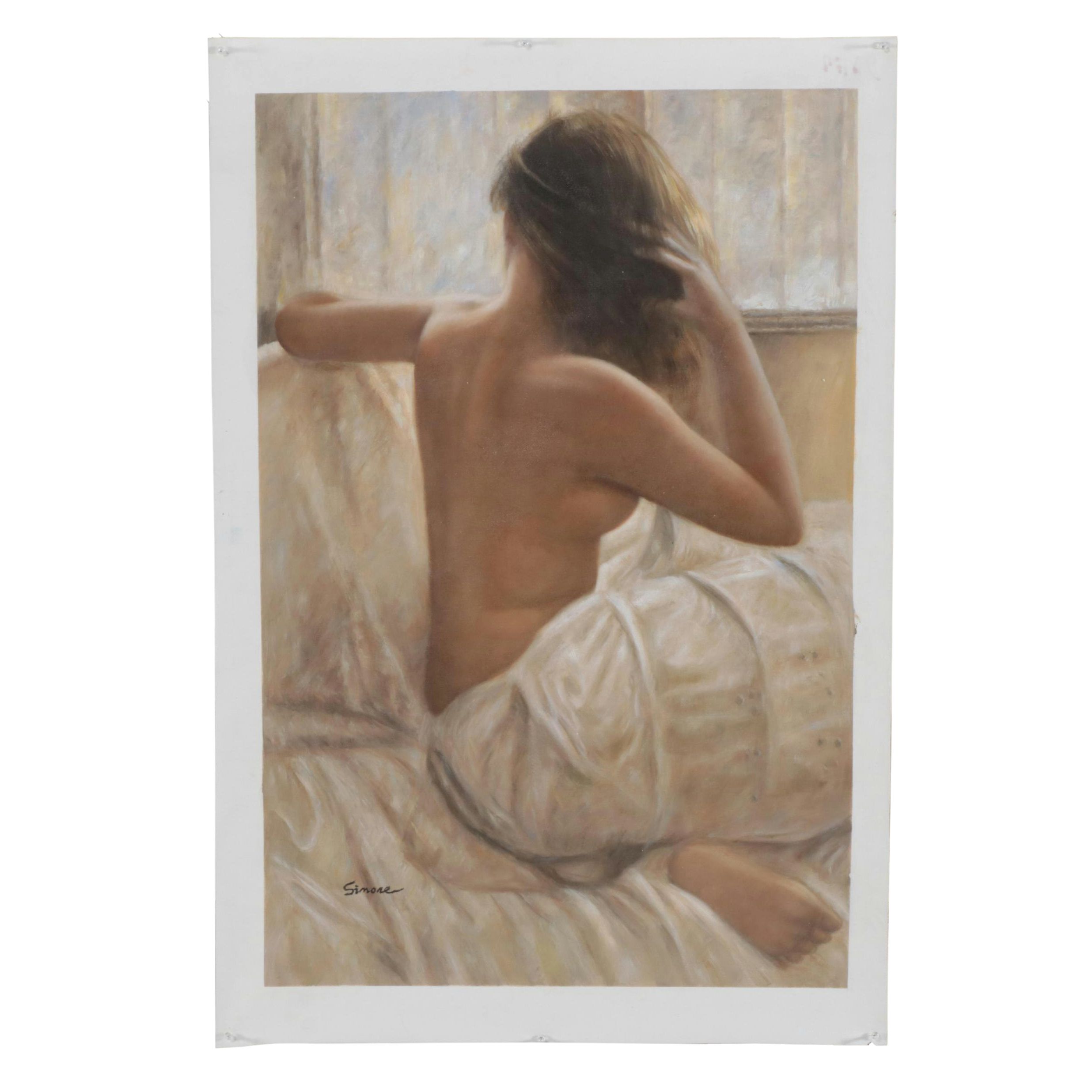 Simone Oil Painting of Semi-Nude Female Figure, 21st Century