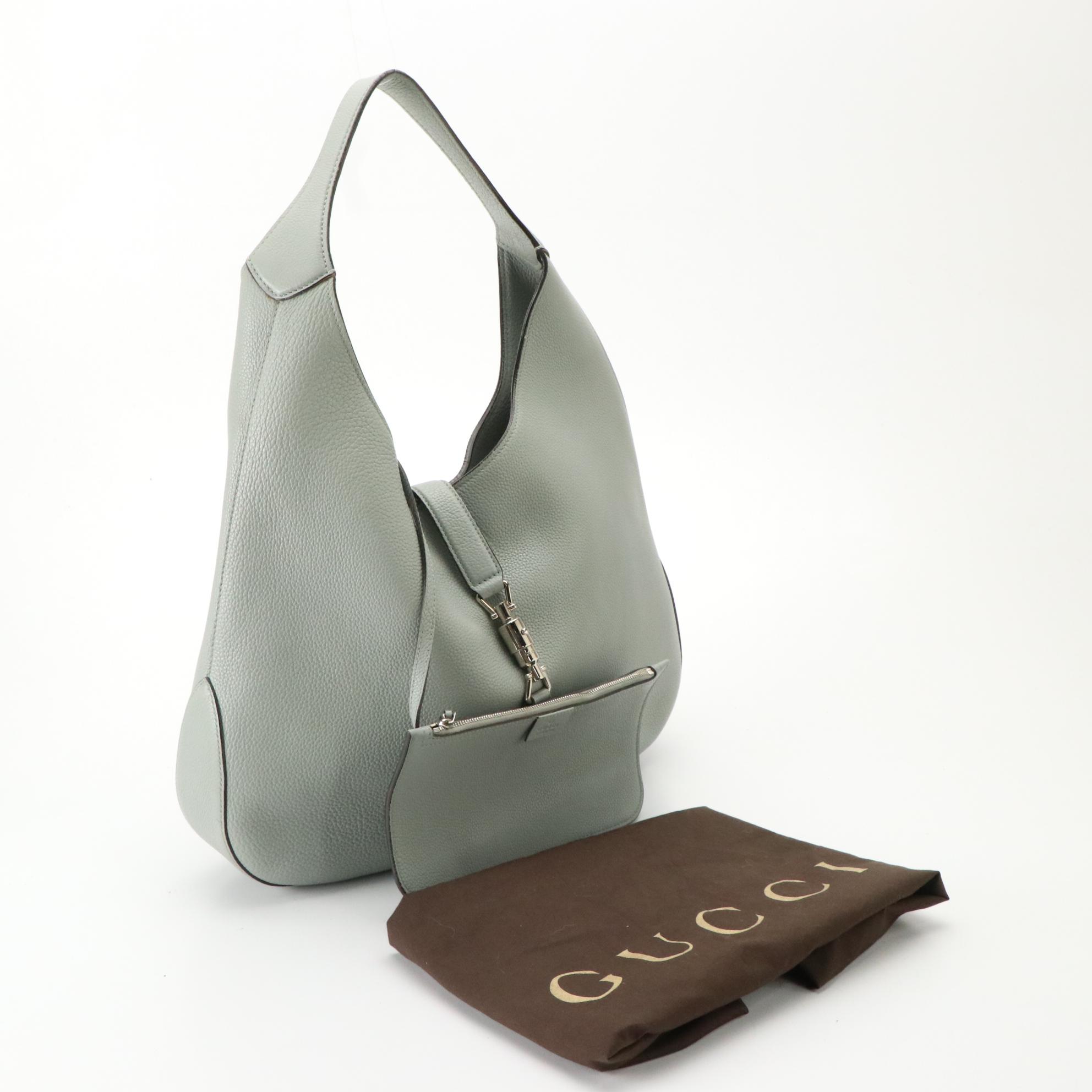 Gucci Piston Lock Hobo Bag and Pouch in Stone Grey Grained Leather