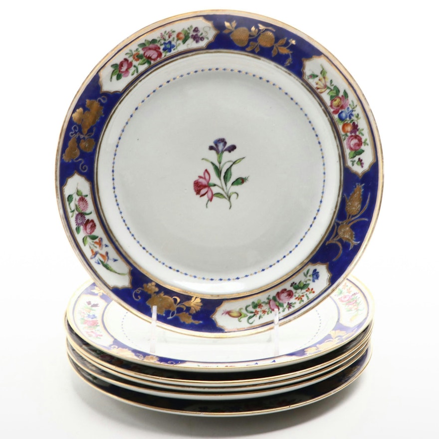 English Porcelain Hand-Painted Cobalt and Parcel Gilt Soup Plates