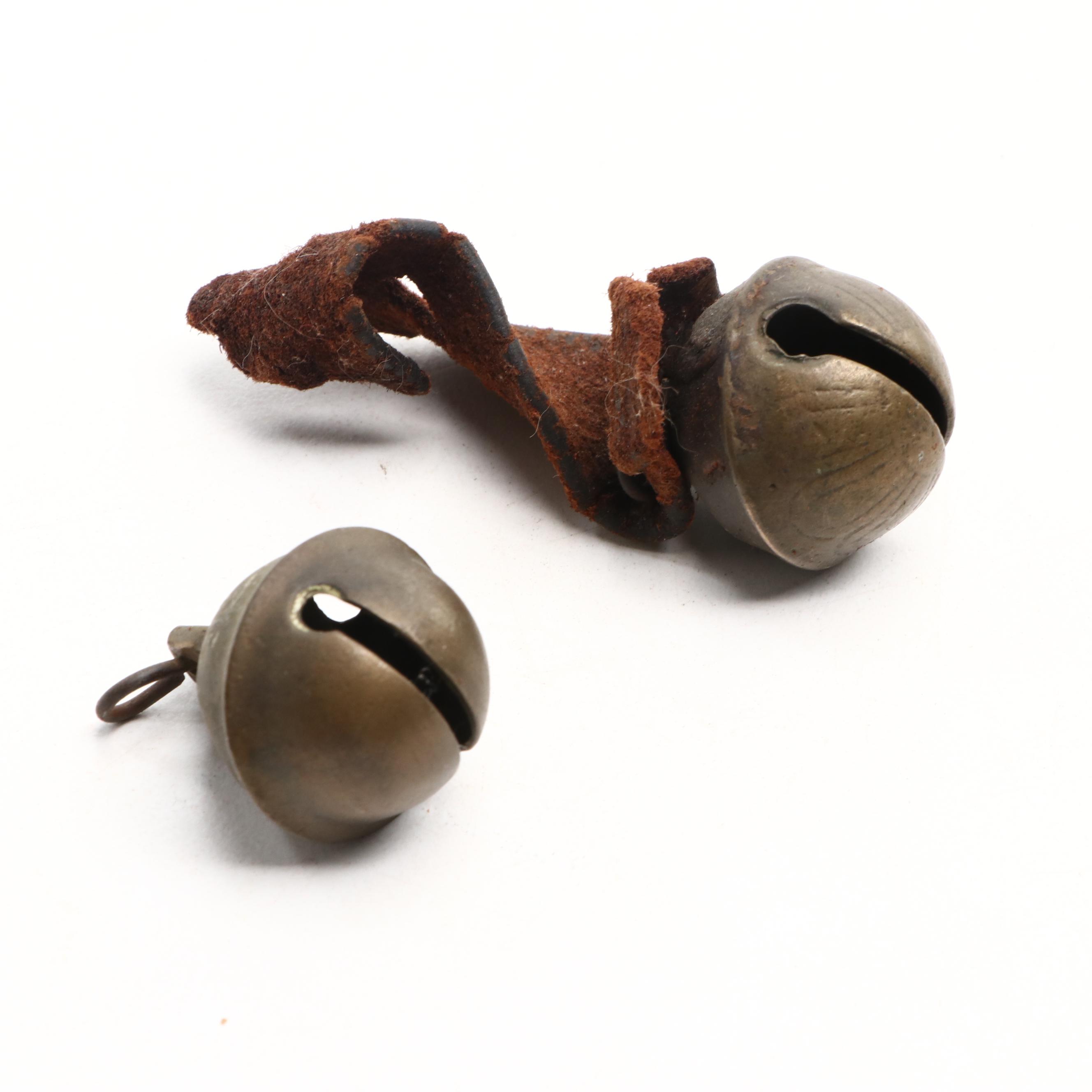 Etched Brass Sleigh Bells on Leather Straps