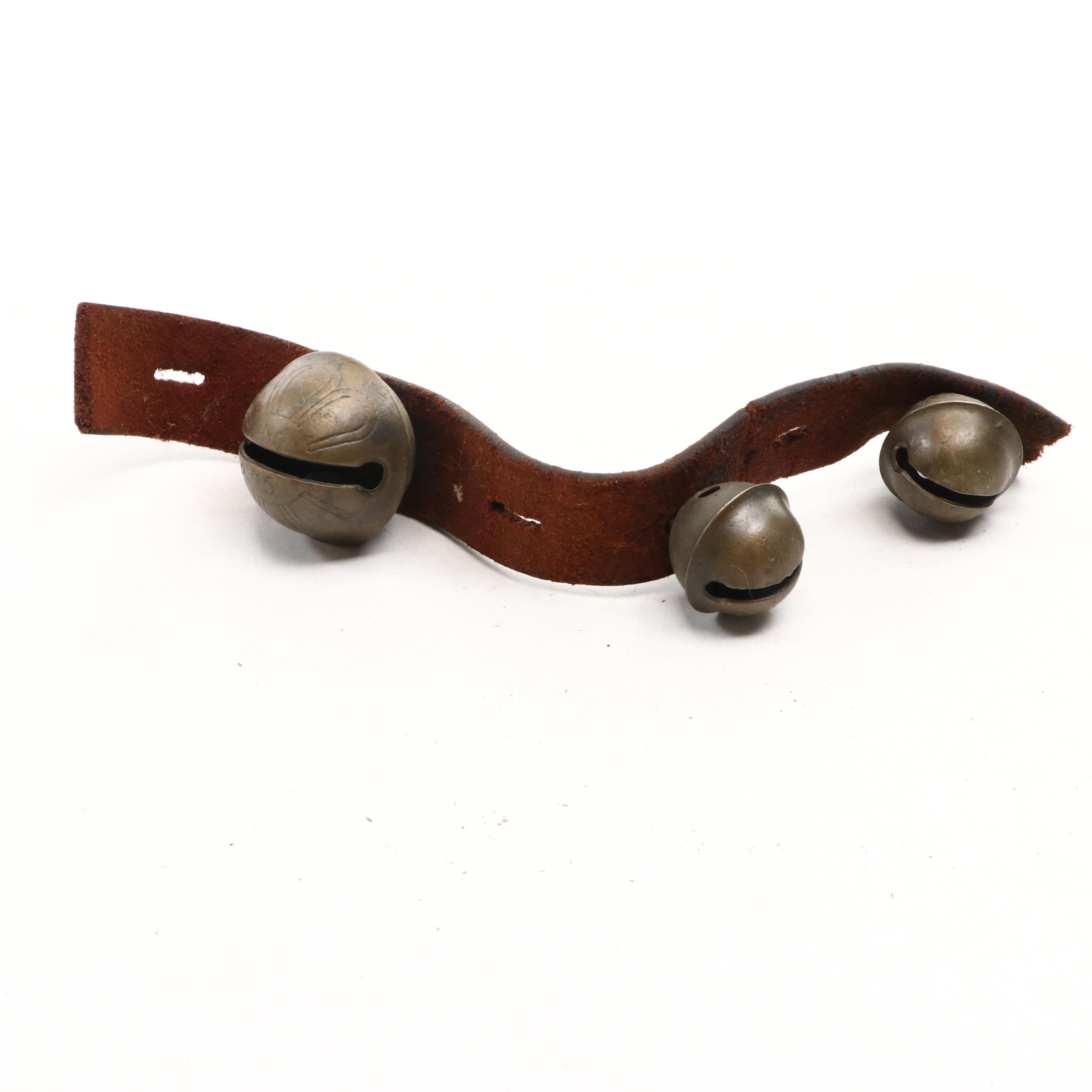 Etched Brass Sleigh Bells on Leather Straps