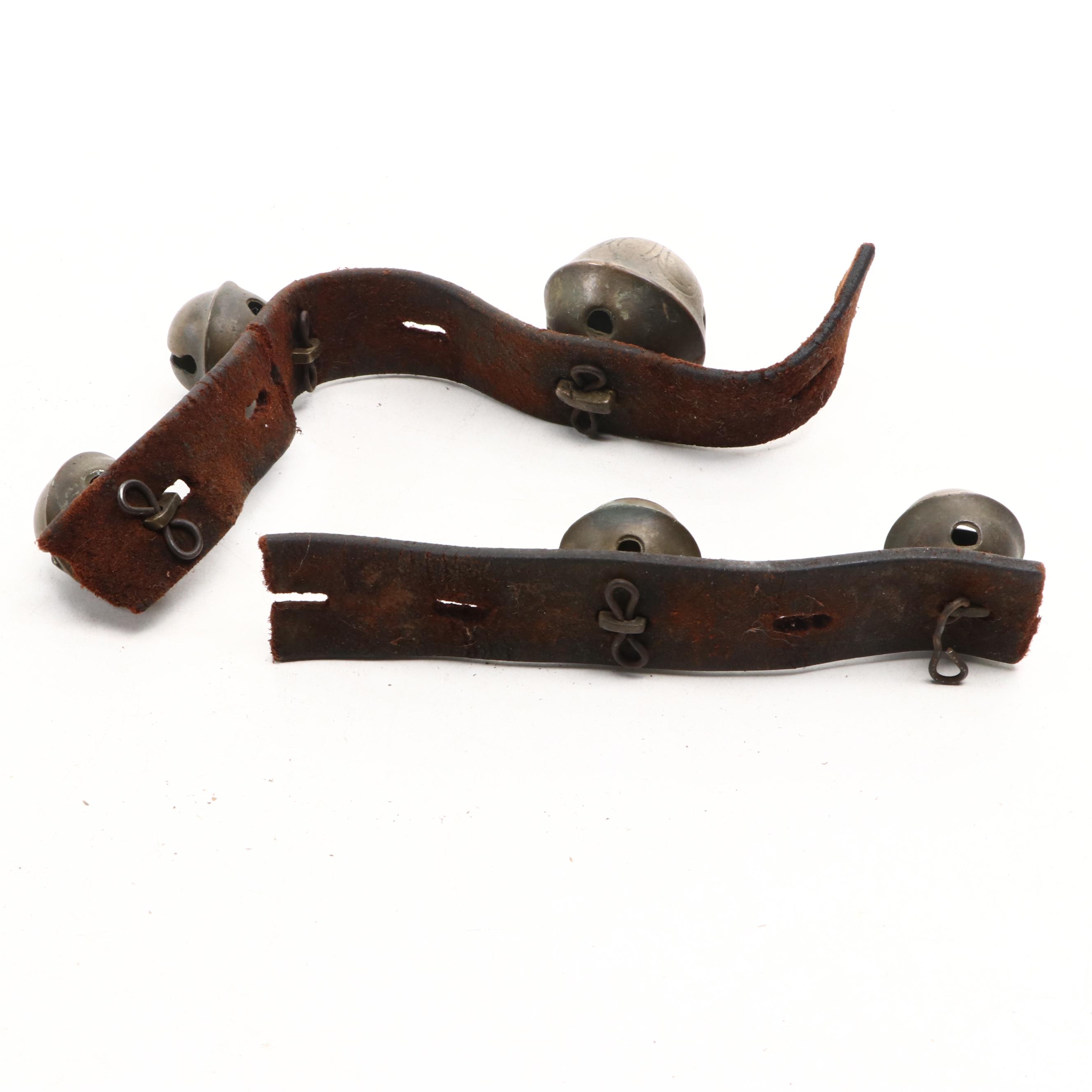Etched Brass Sleigh Bells on Leather Straps