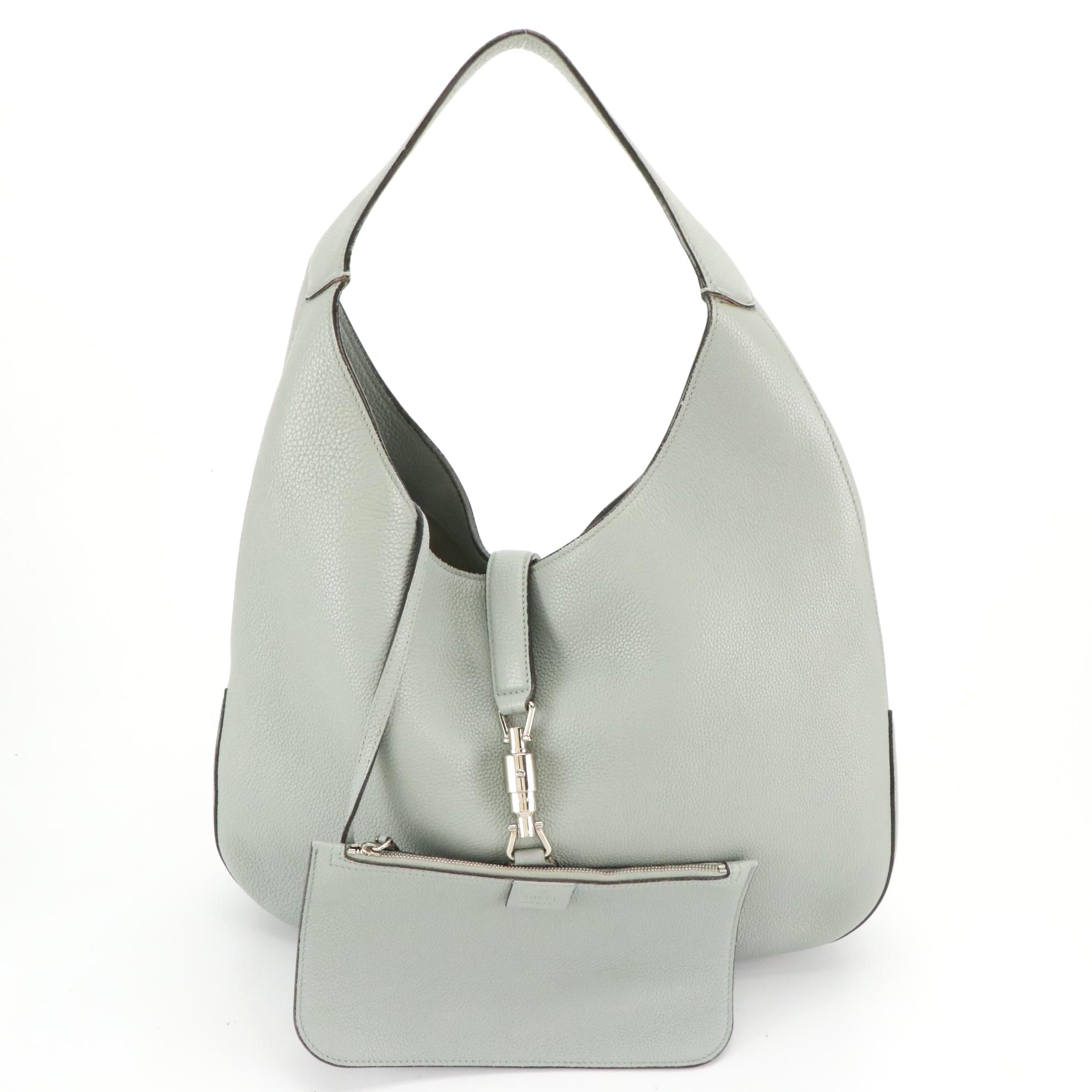 Gucci Piston Lock Hobo Bag and Pouch in Stone Grey Grained Leather