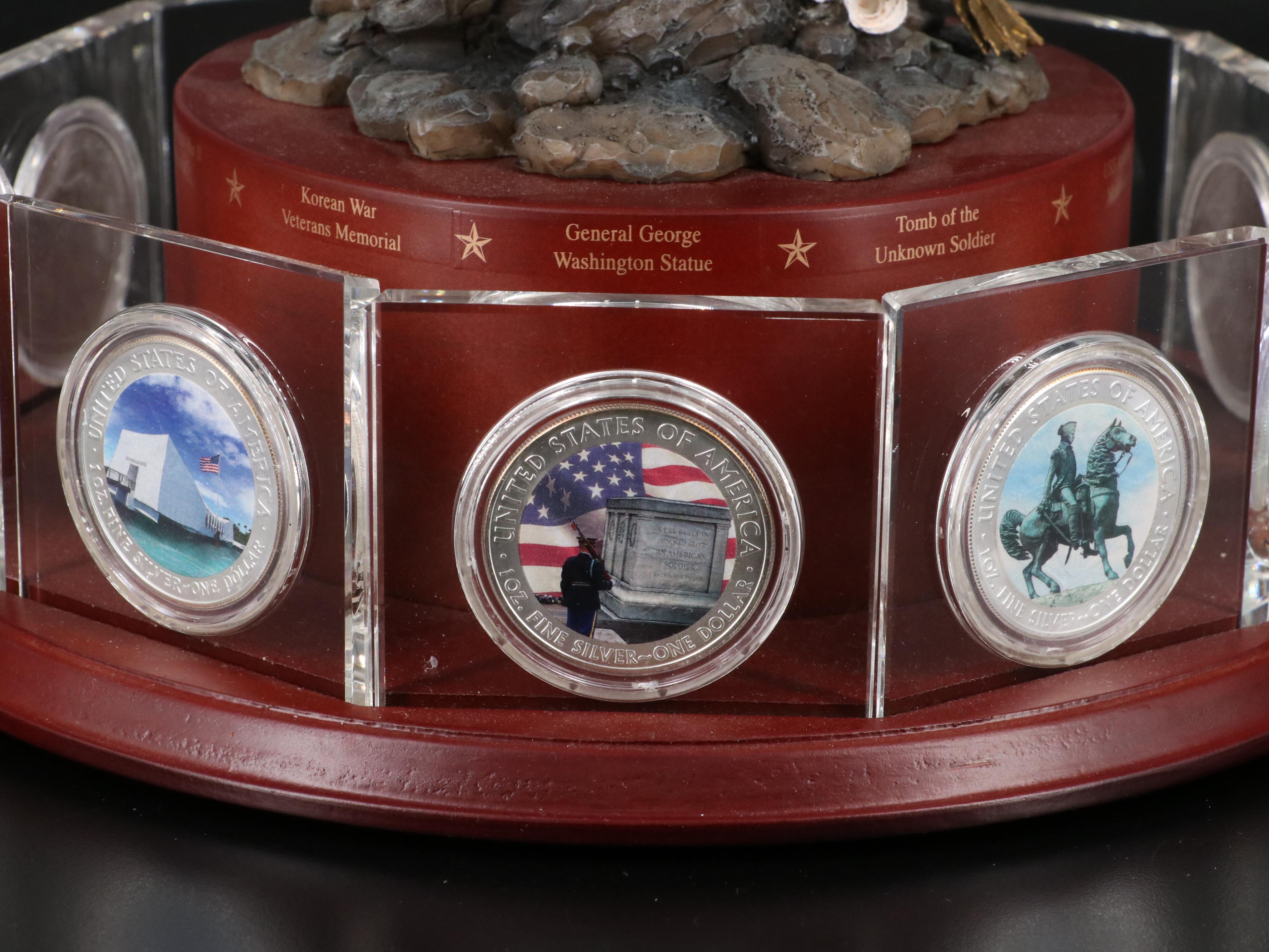 Resin Sculpture of a Bald Eagle With "War memorial" Colorized Silver Eagles