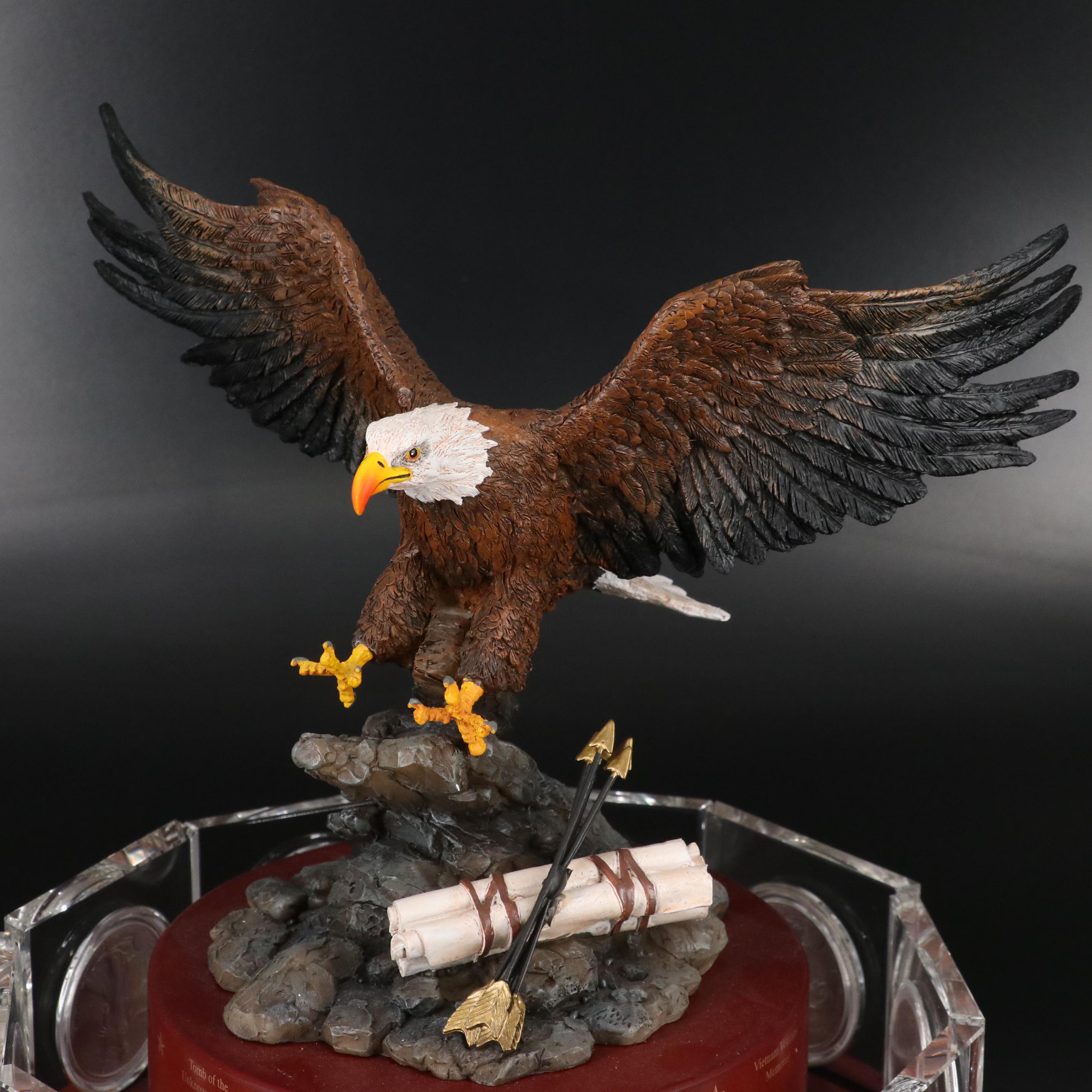 Resin Sculpture of a Bald Eagle With "War memorial" Colorized Silver Eagles