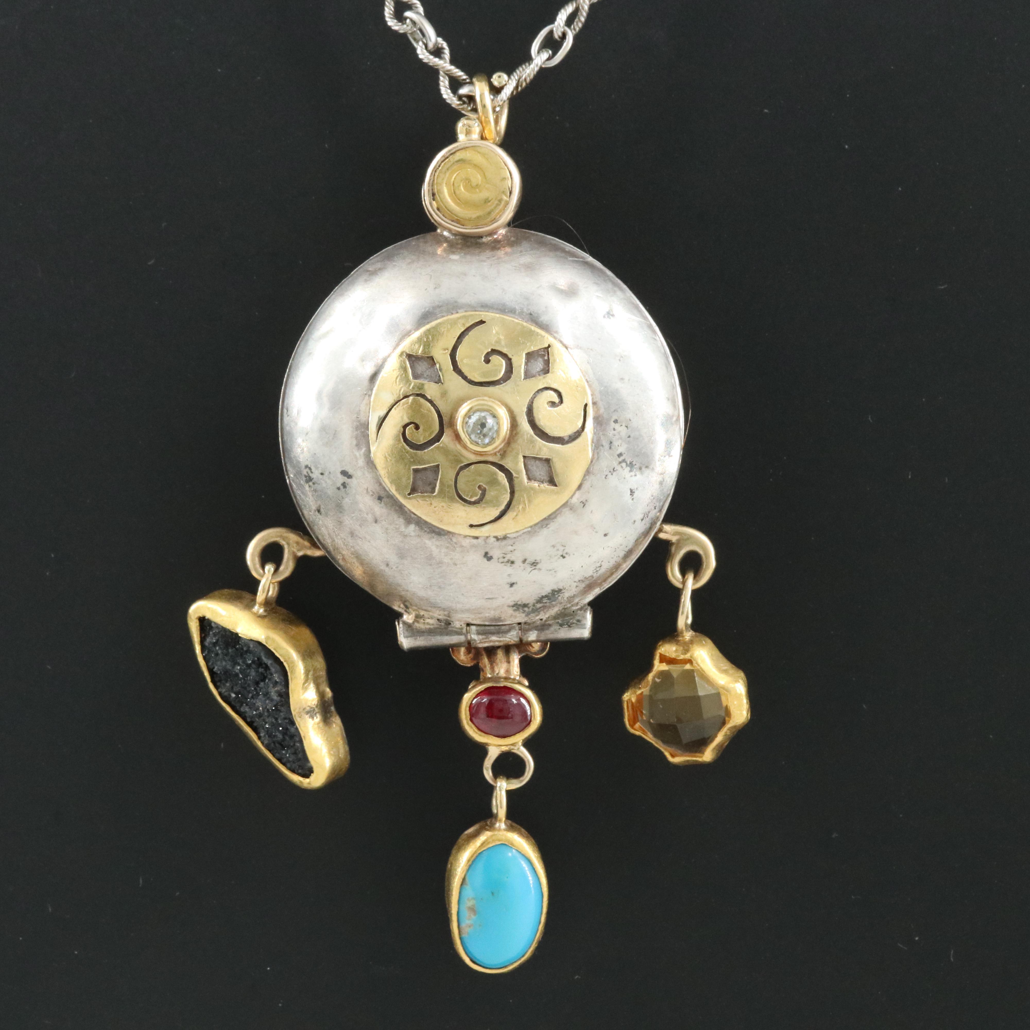 14K Infinity Link Chain and Sterling Multi-Gemstone Locket with Gold Accents