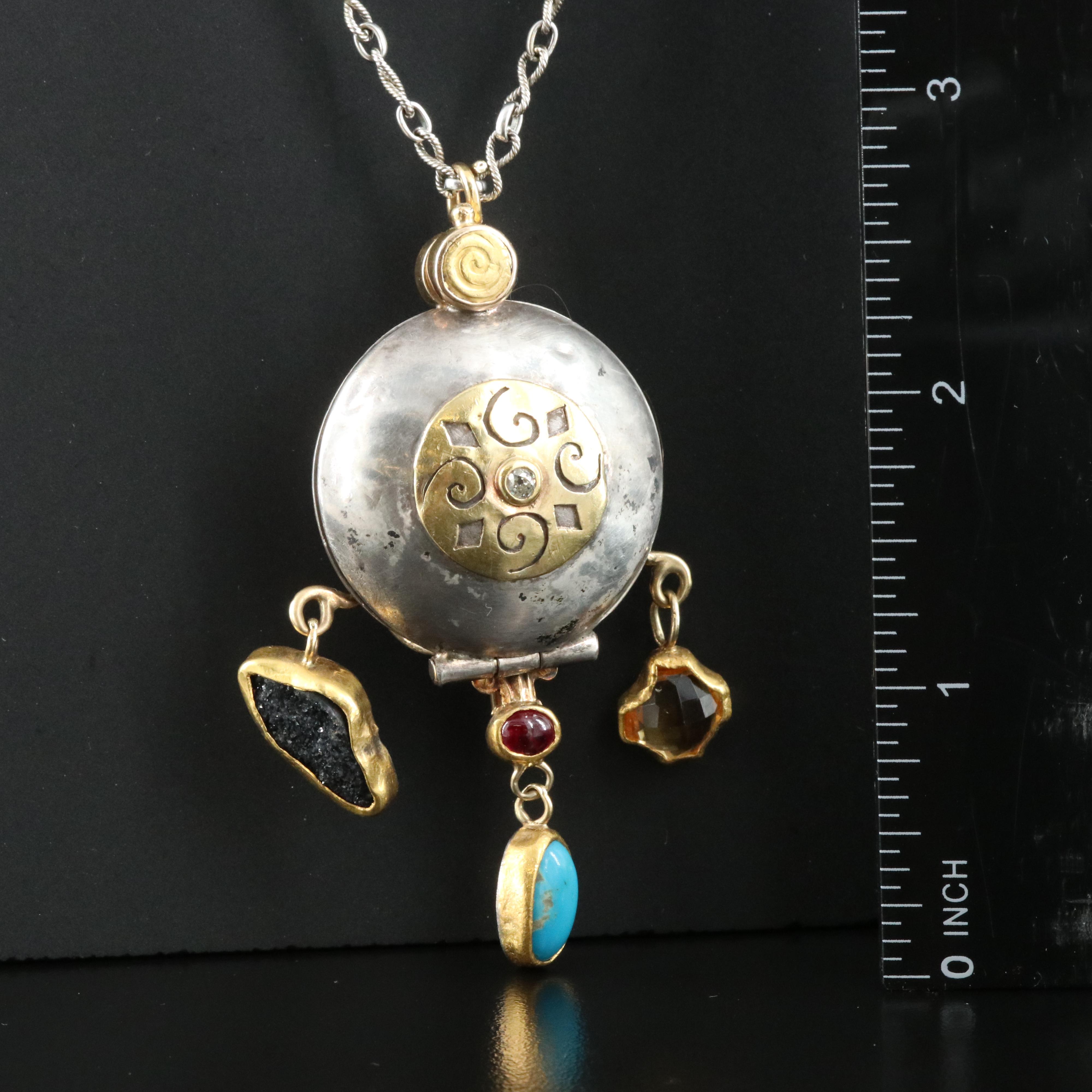 14K Infinity Link Chain and Sterling Multi-Gemstone Locket with Gold Accents