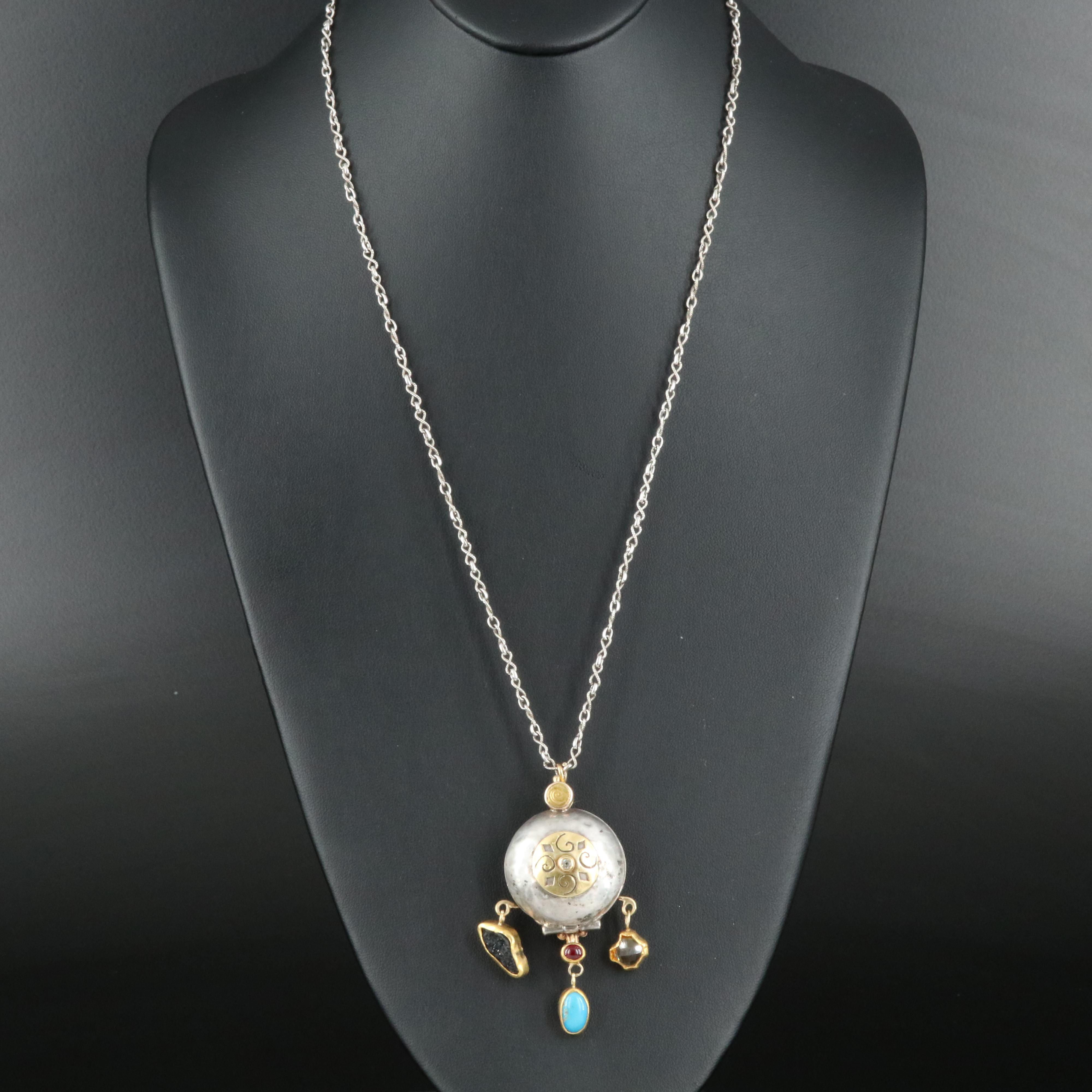 14K Infinity Link Chain and Sterling Multi-Gemstone Locket with Gold Accents