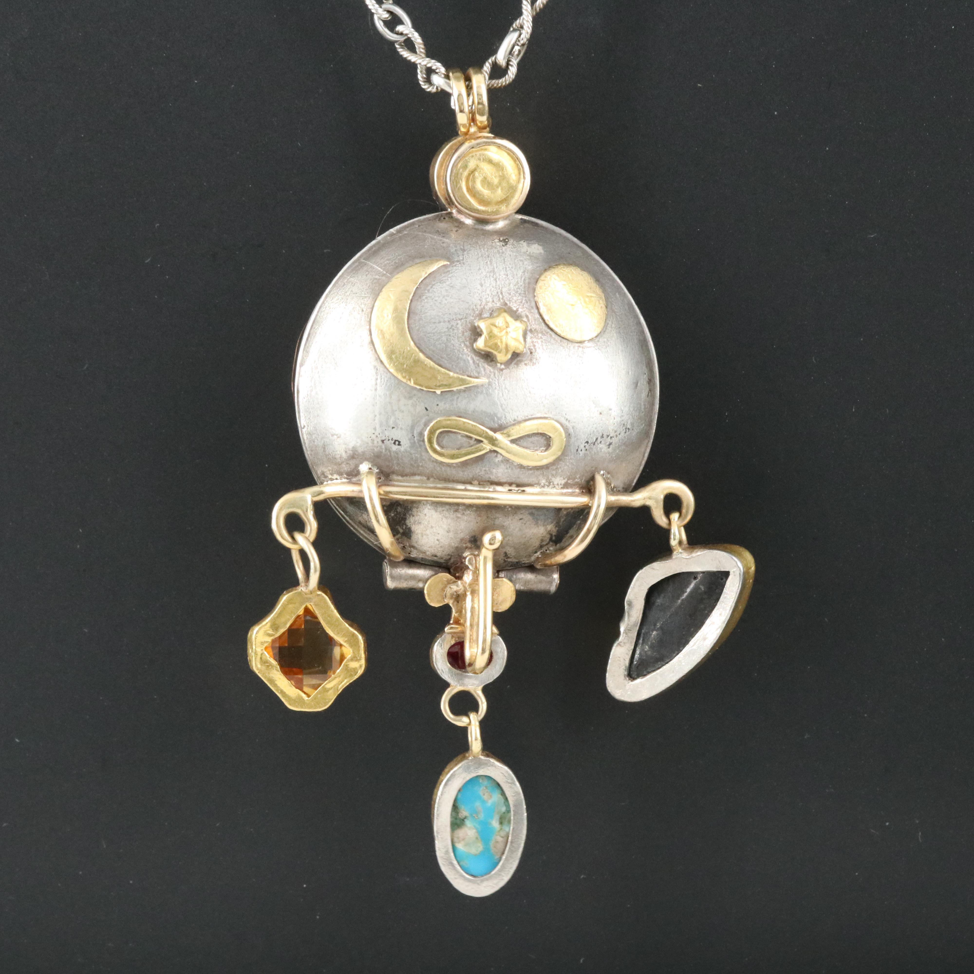 14K Infinity Link Chain and Sterling Multi-Gemstone Locket with Gold Accents