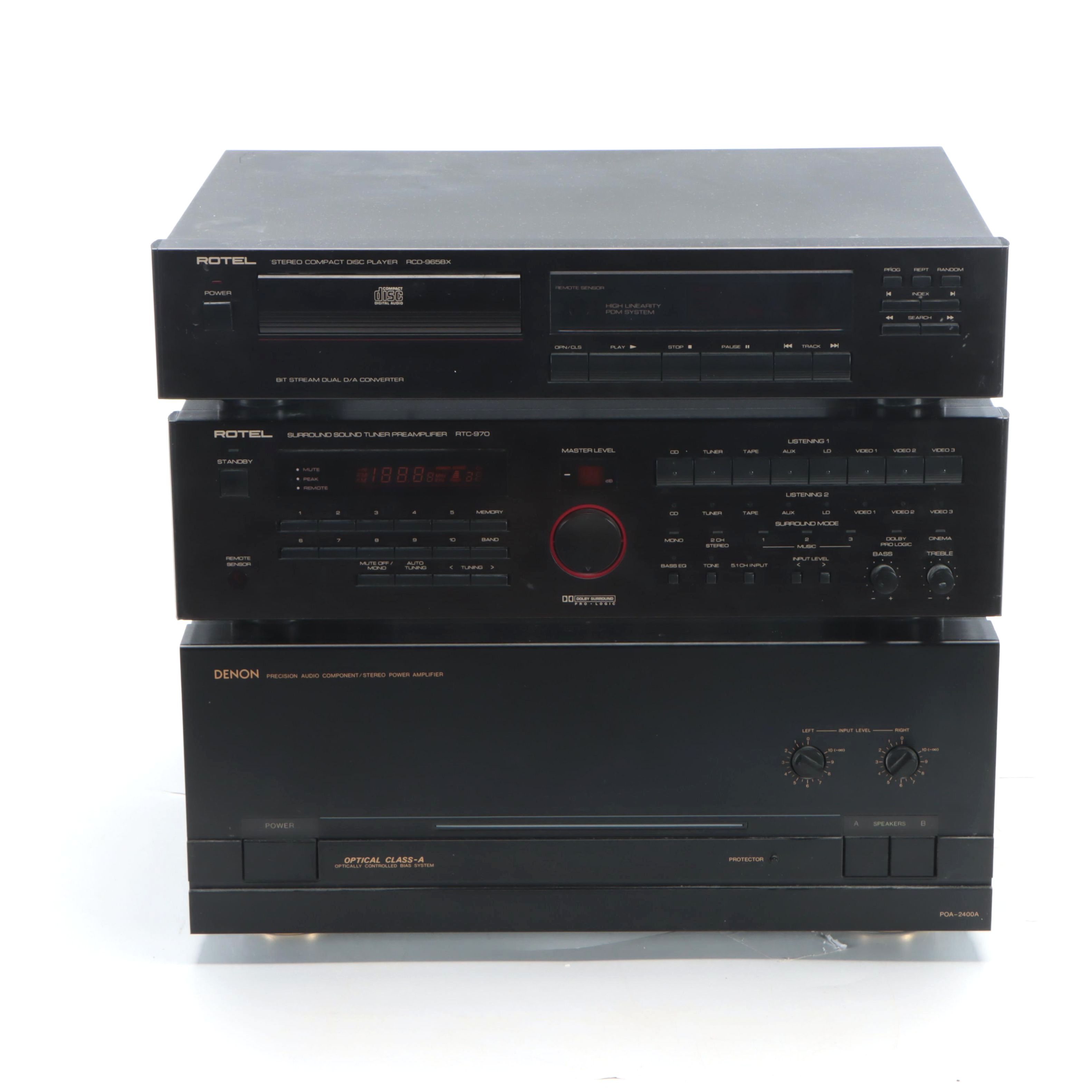 Denon Stereo Power Amp with Rotel Tuner Preamplifier and CD Player