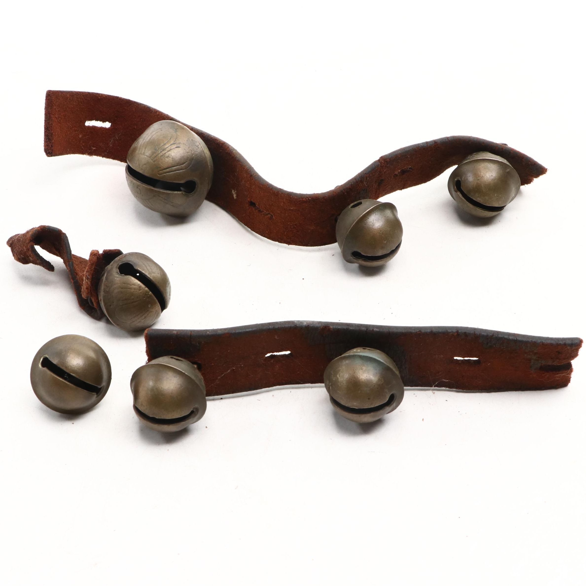 Etched Brass Sleigh Bells on Leather Straps