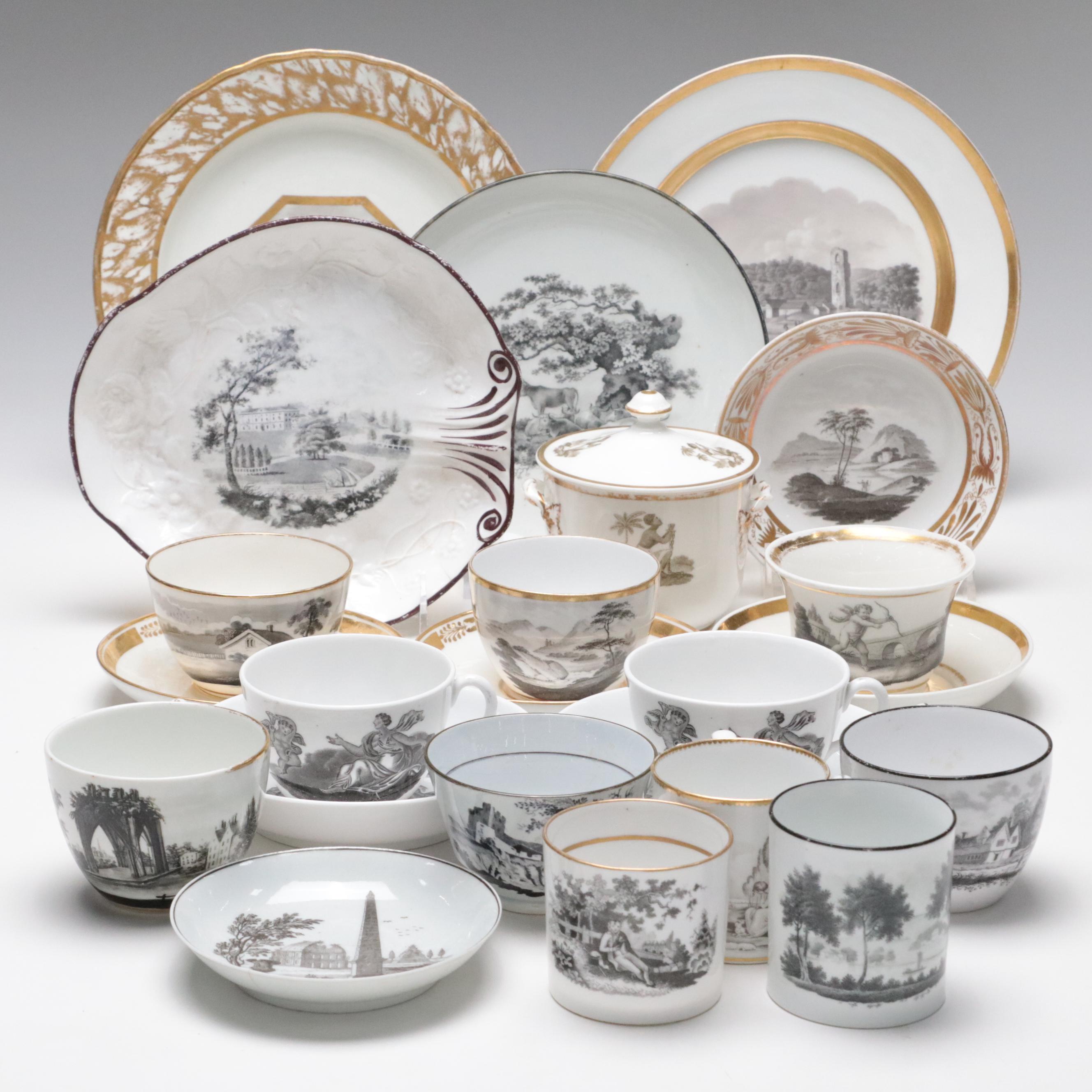 Derby Hand-Painted Gilt Porcelain Plate with Other English Porcelain Dishes