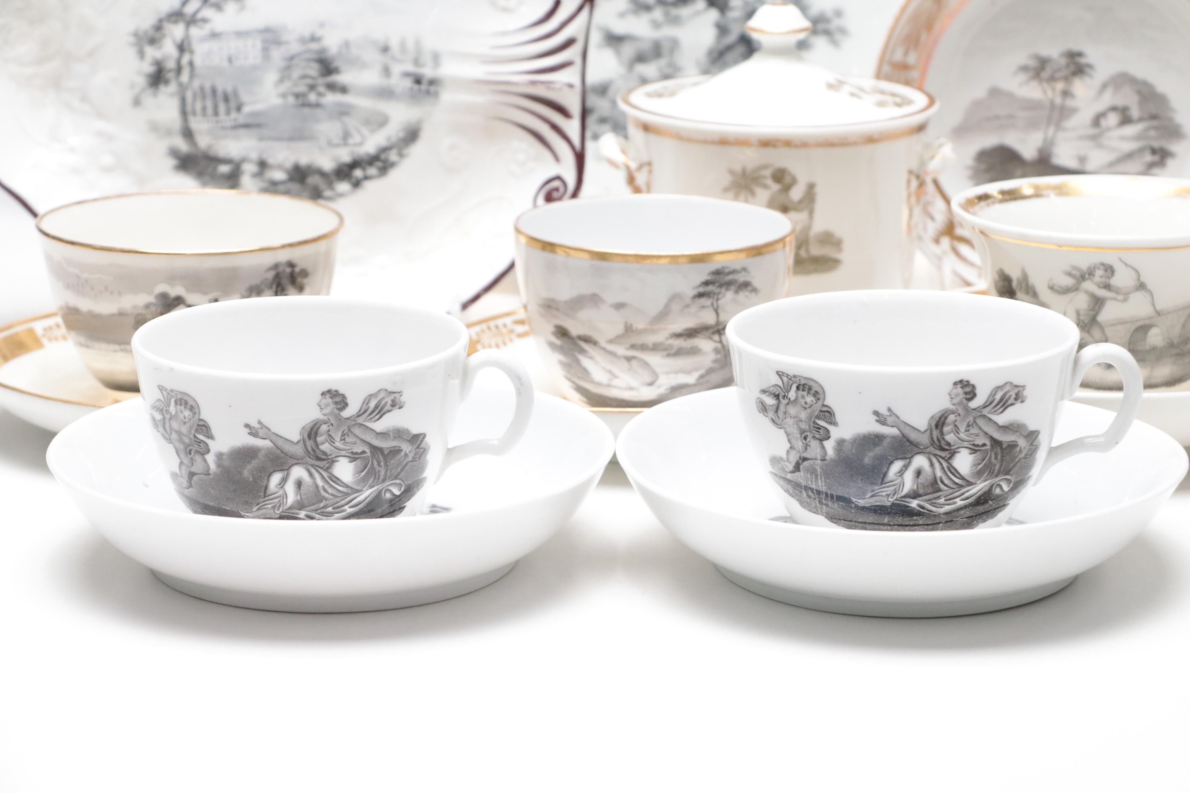 Derby Hand-Painted Gilt Porcelain Plate with Other English Porcelain Dishes