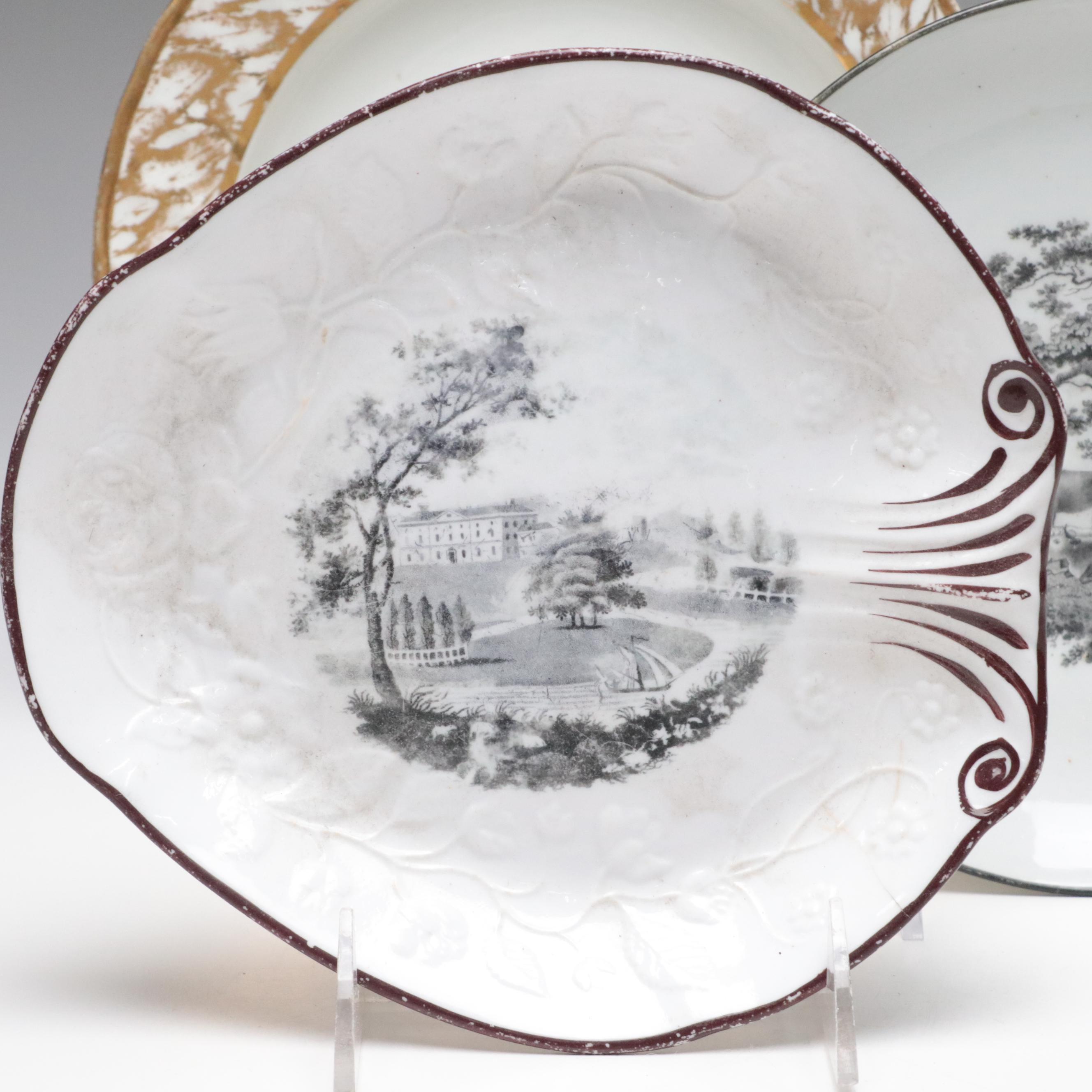 Derby Hand-Painted Gilt Porcelain Plate with Other English Porcelain Dishes