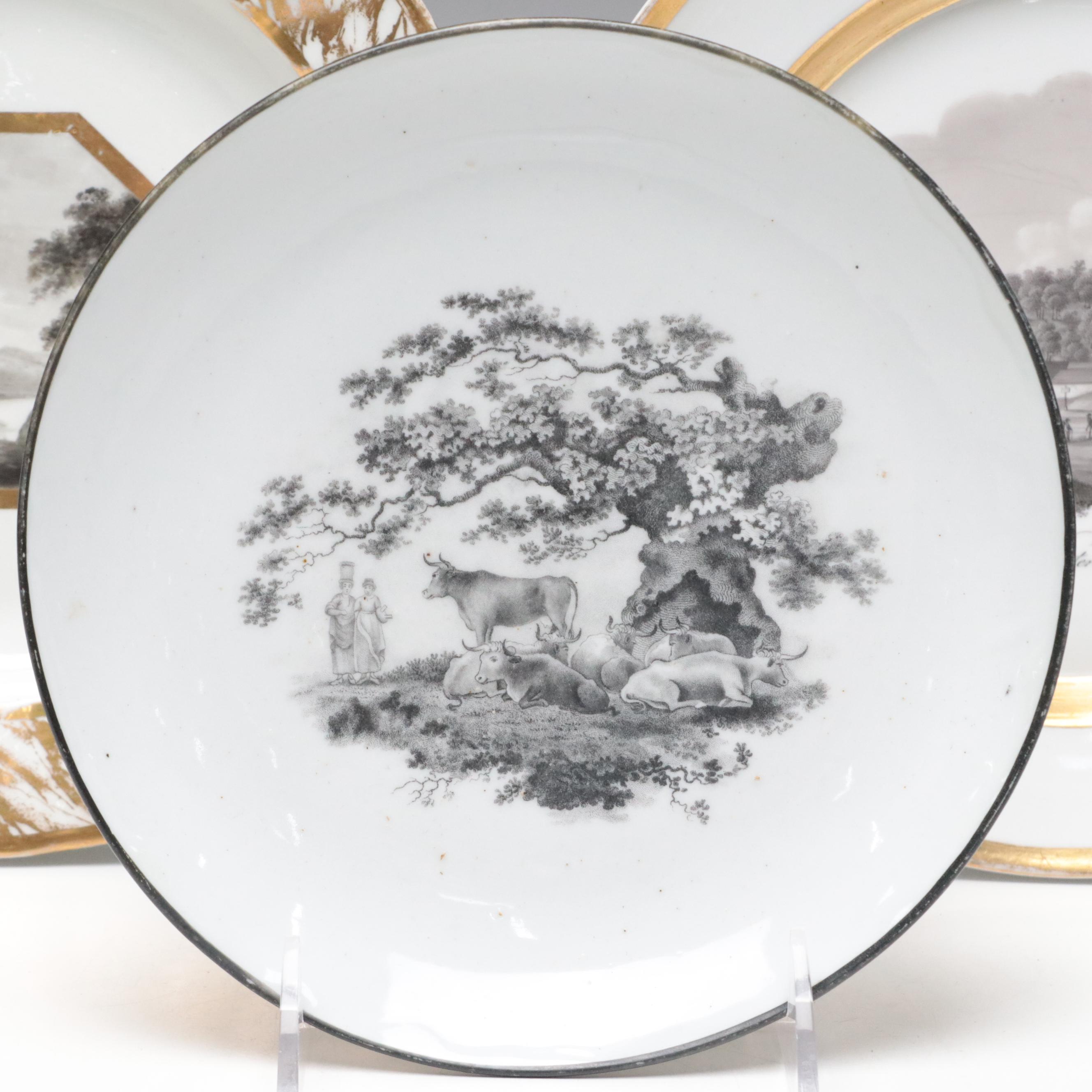 Derby Hand-Painted Gilt Porcelain Plate with Other English Porcelain Dishes