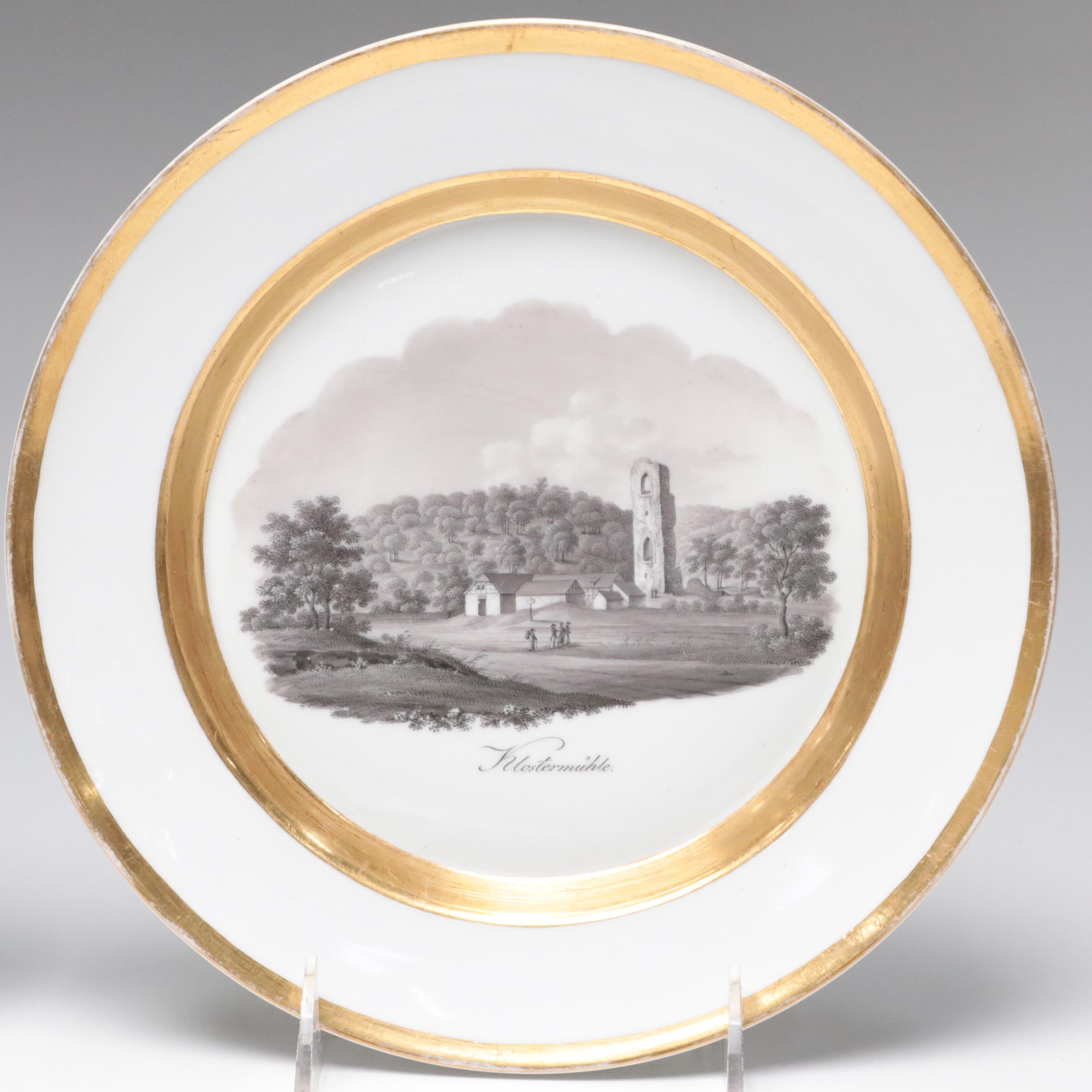 Derby Hand-Painted Gilt Porcelain Plate with Other English Porcelain Dishes