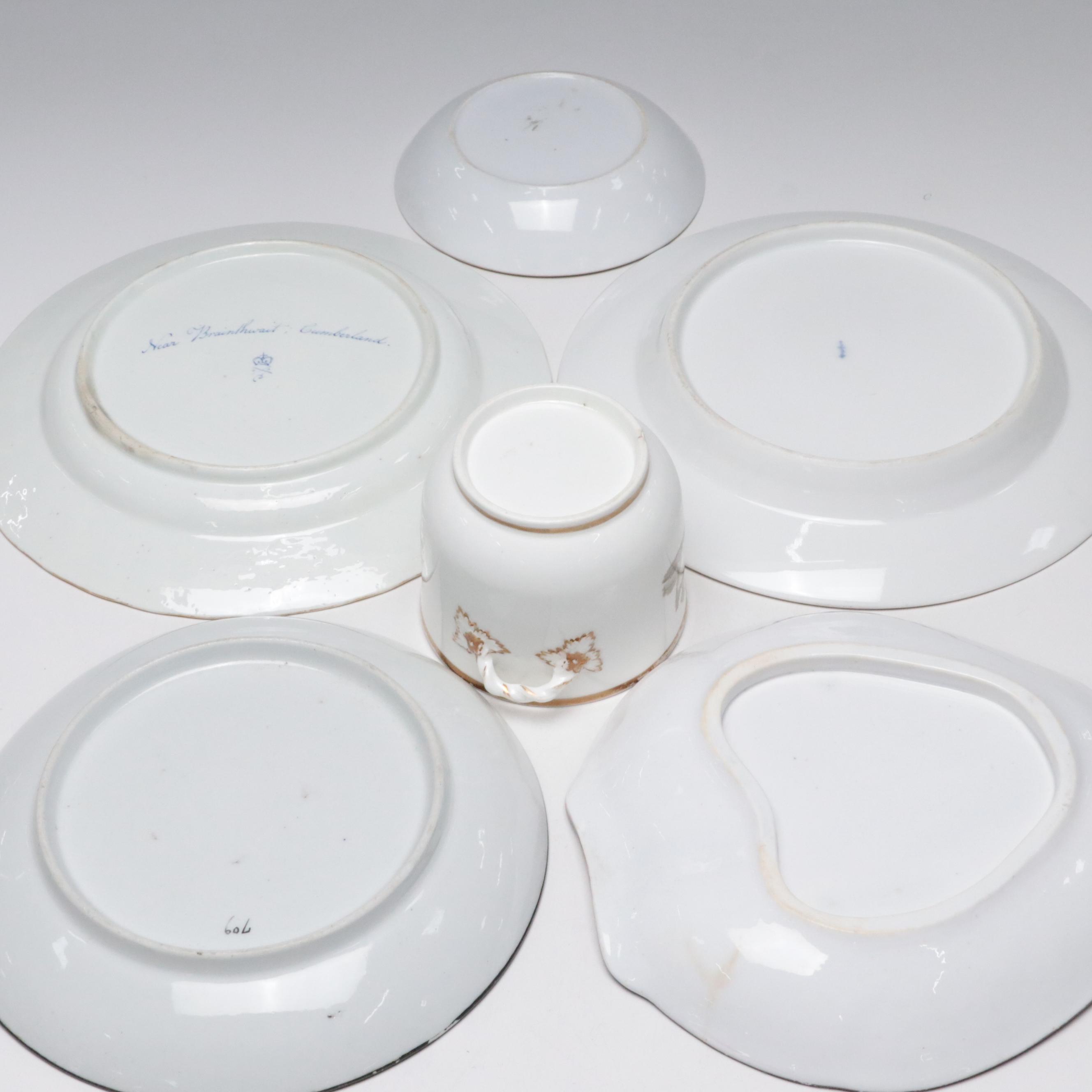 Derby Hand-Painted Gilt Porcelain Plate with Other English Porcelain Dishes