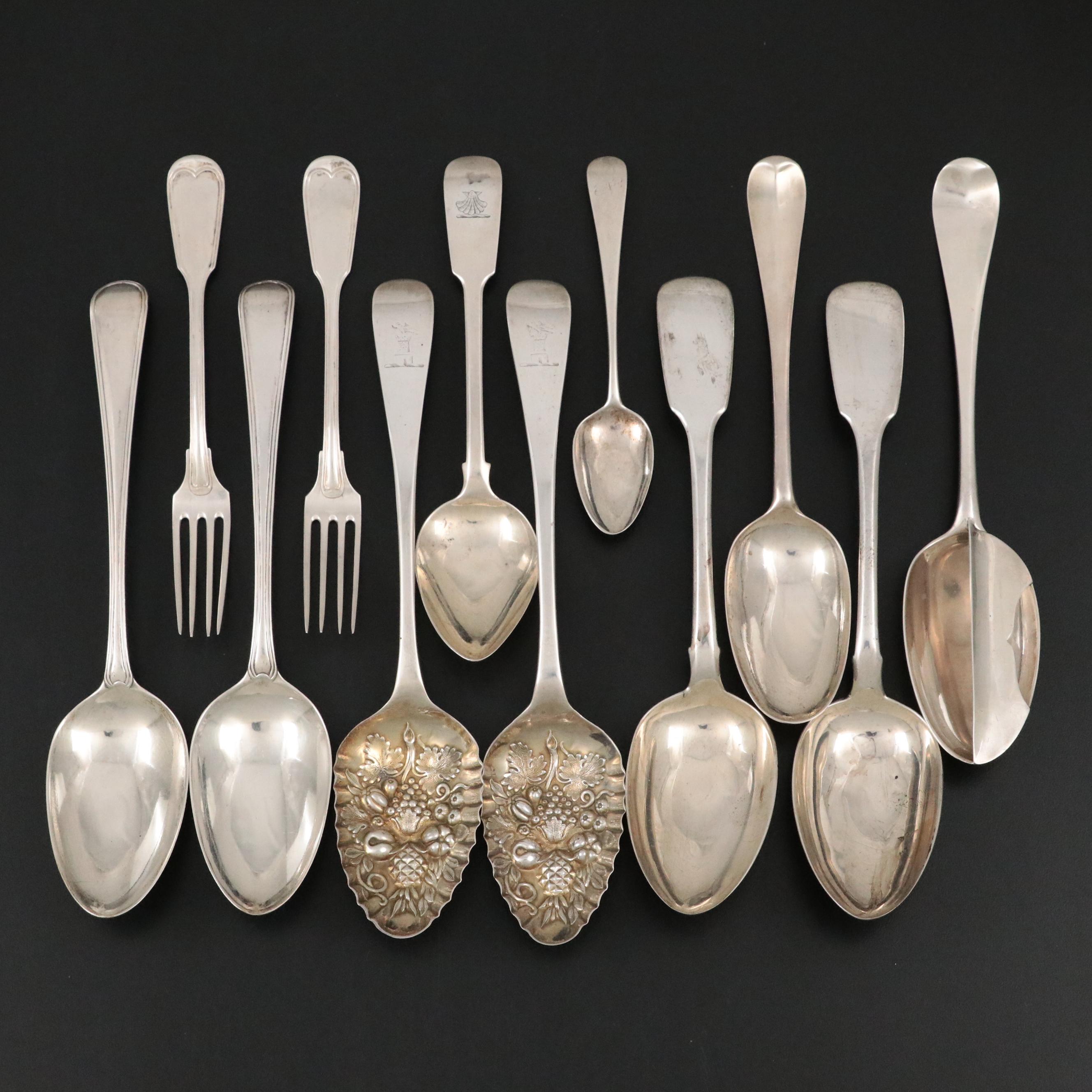 English Sterling Silver Flatware with European Silver, 18th-19th C.