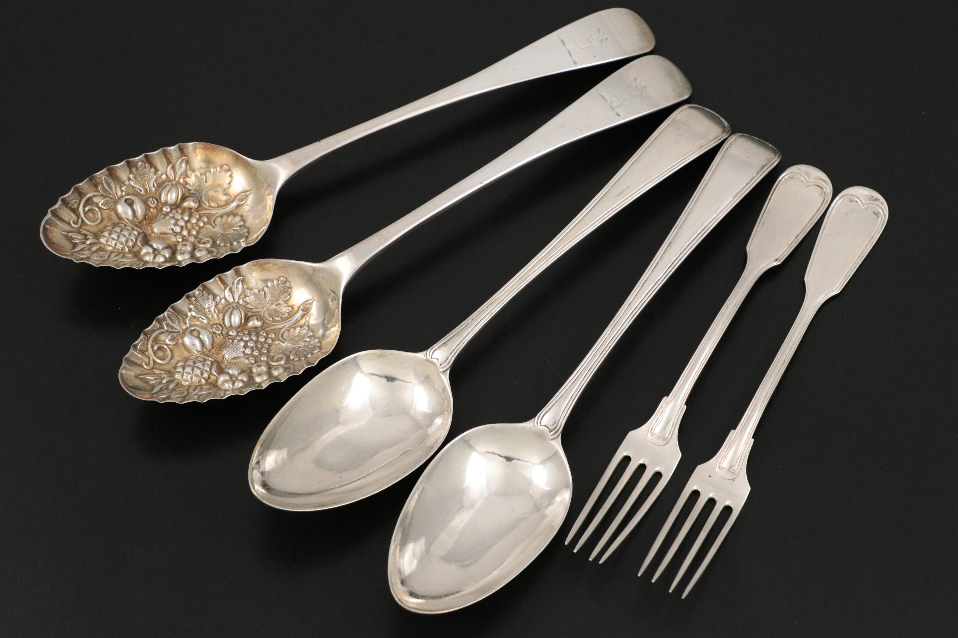 English Sterling Silver Flatware with European Silver, 18th-19th C.