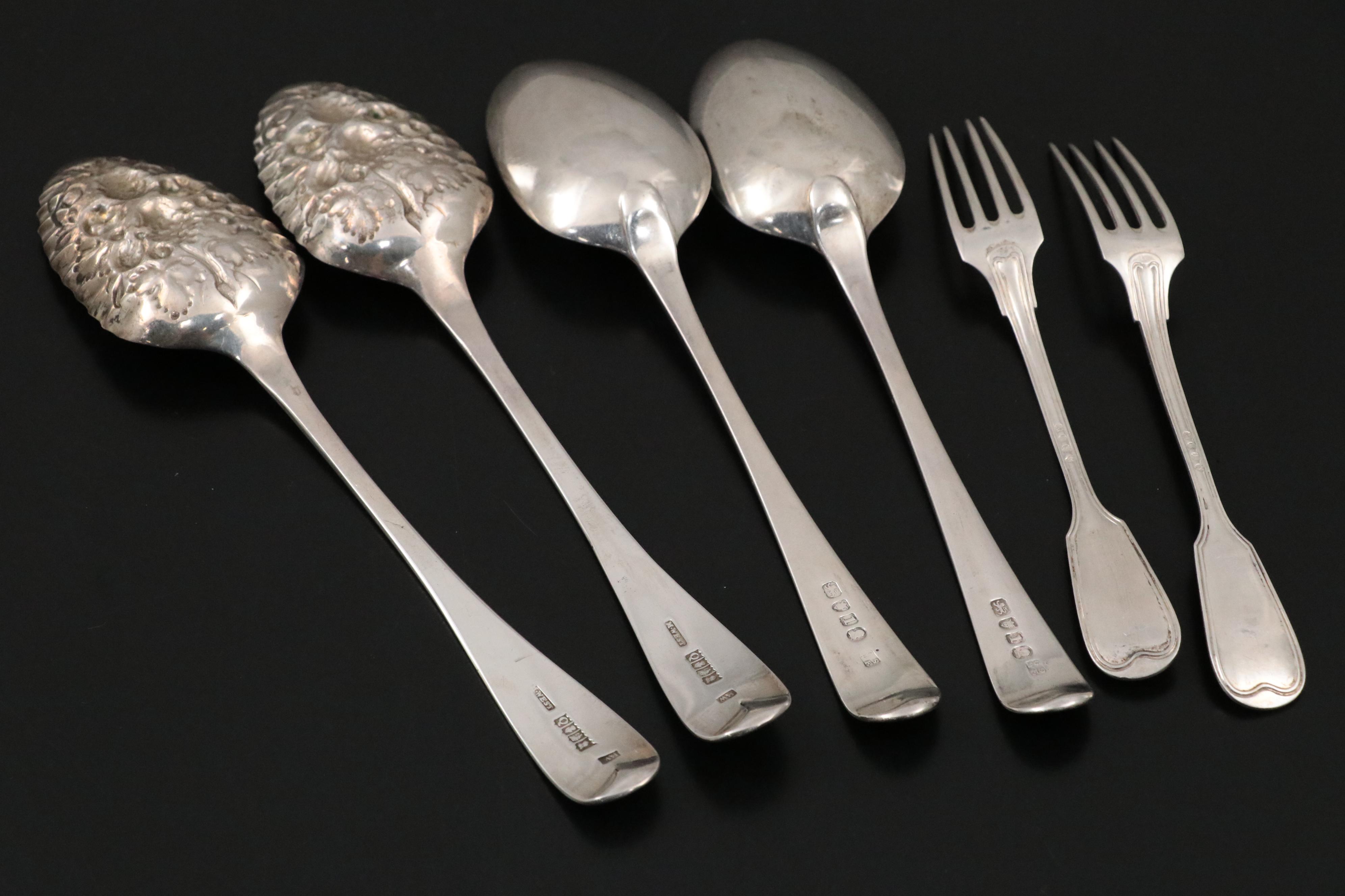 English Sterling Silver Flatware with European Silver, 18th-19th C.