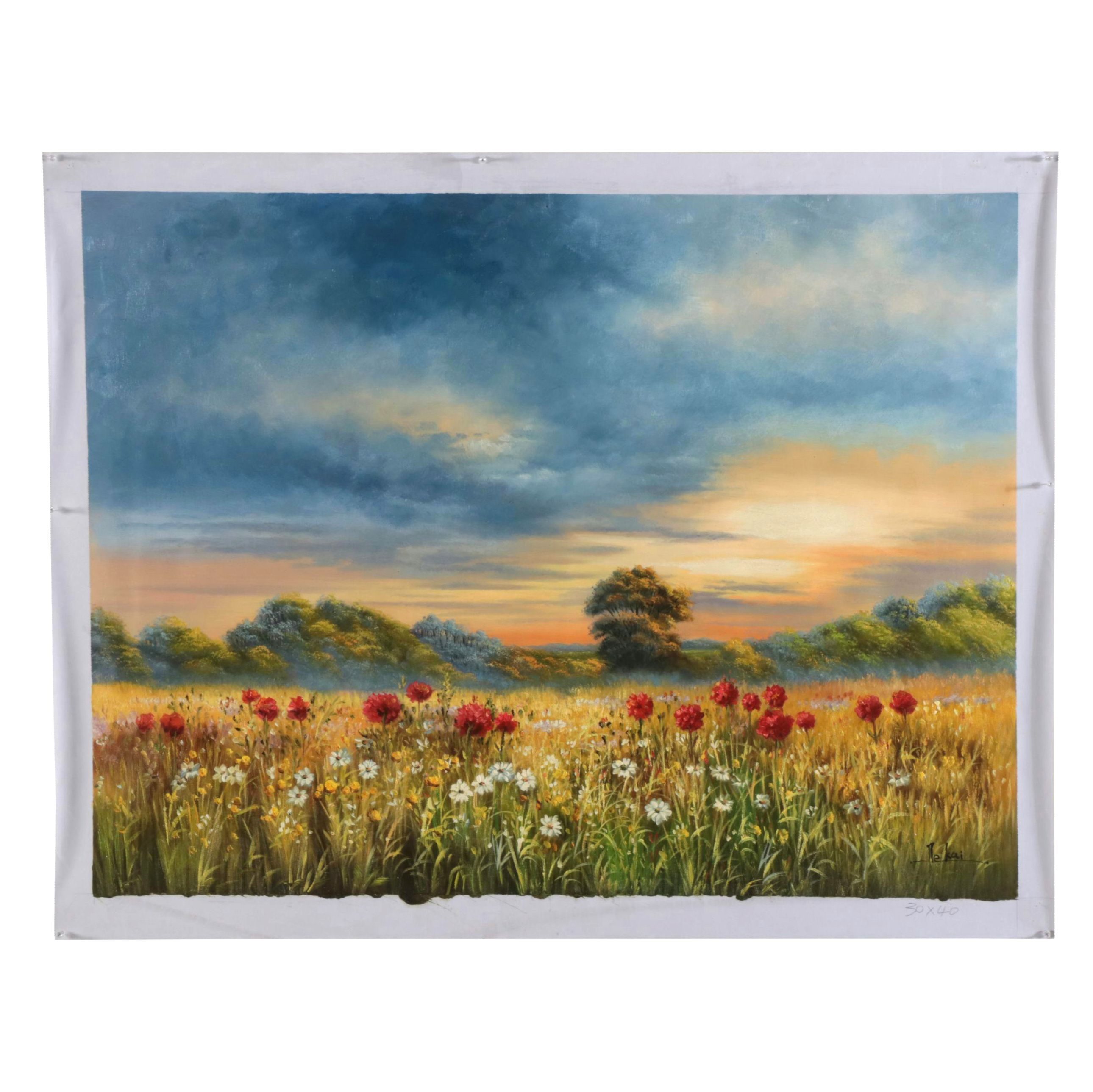 Dekai Oil Painting of a Landscape with Flowers, 21st Century