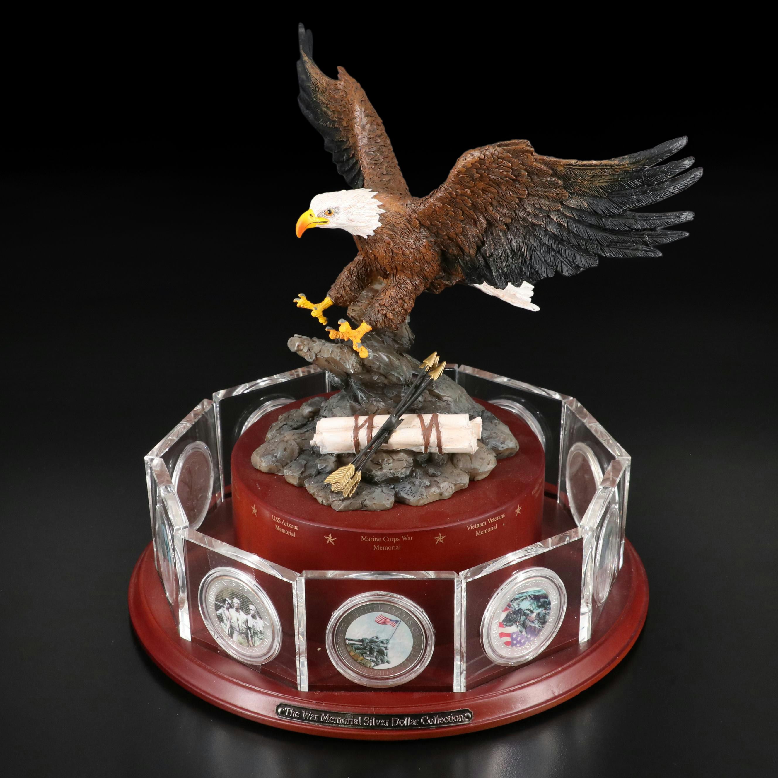 Resin Sculpture of a Bald Eagle With "War memorial" Colorized Silver Eagles