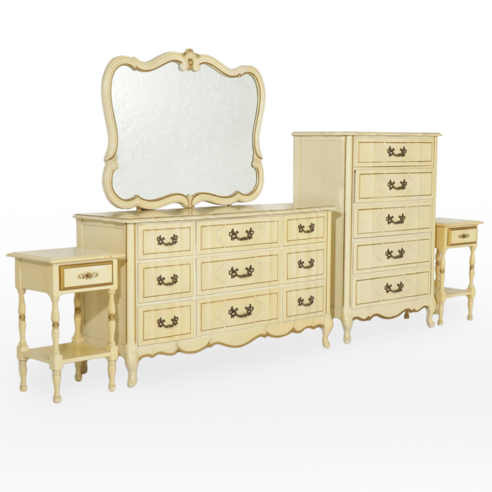 French Provincial Style Painted Wood and Gilt-Decorated Bedroom Suite