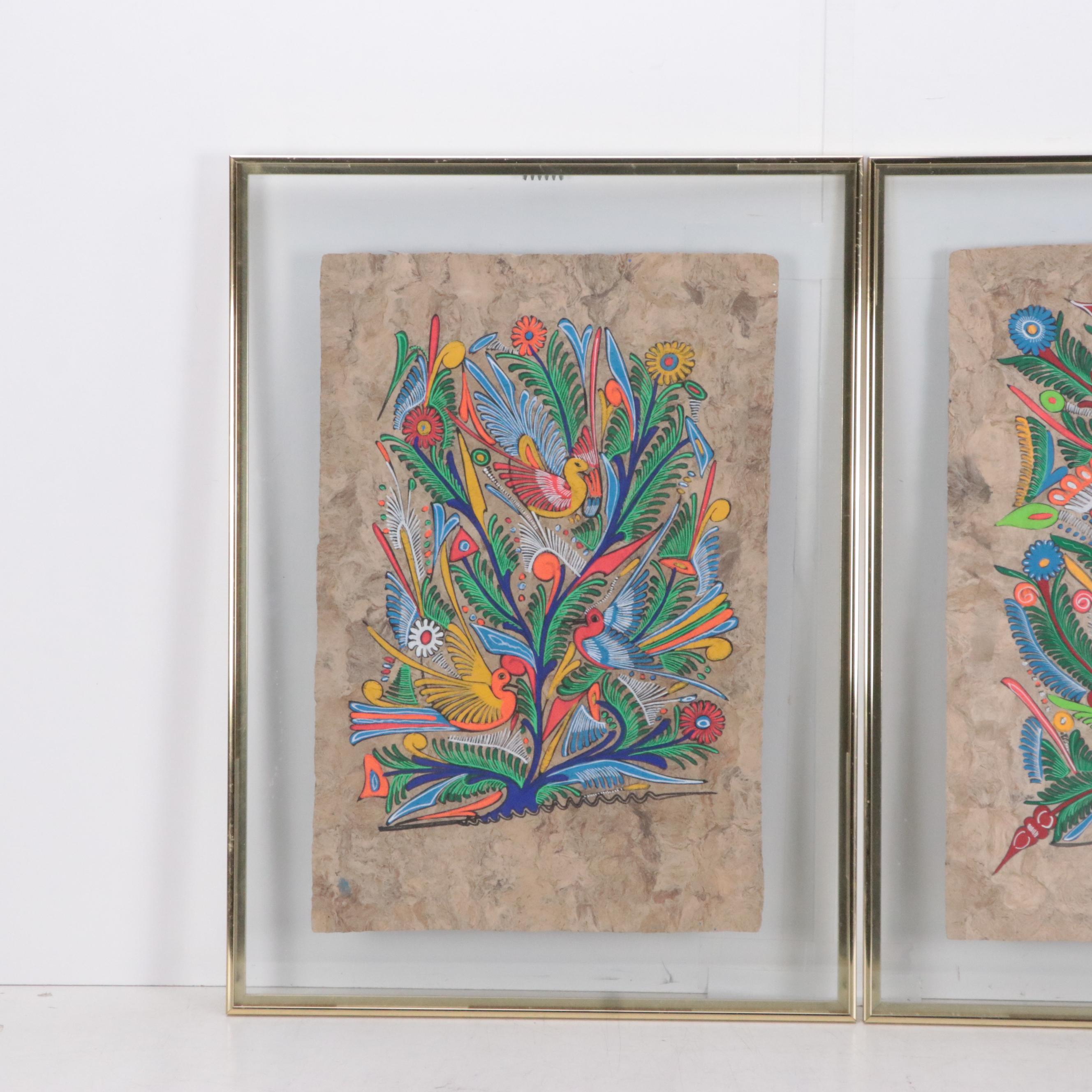 Mexican Folk Art Amate Bark Paintings of Birds and Flowers