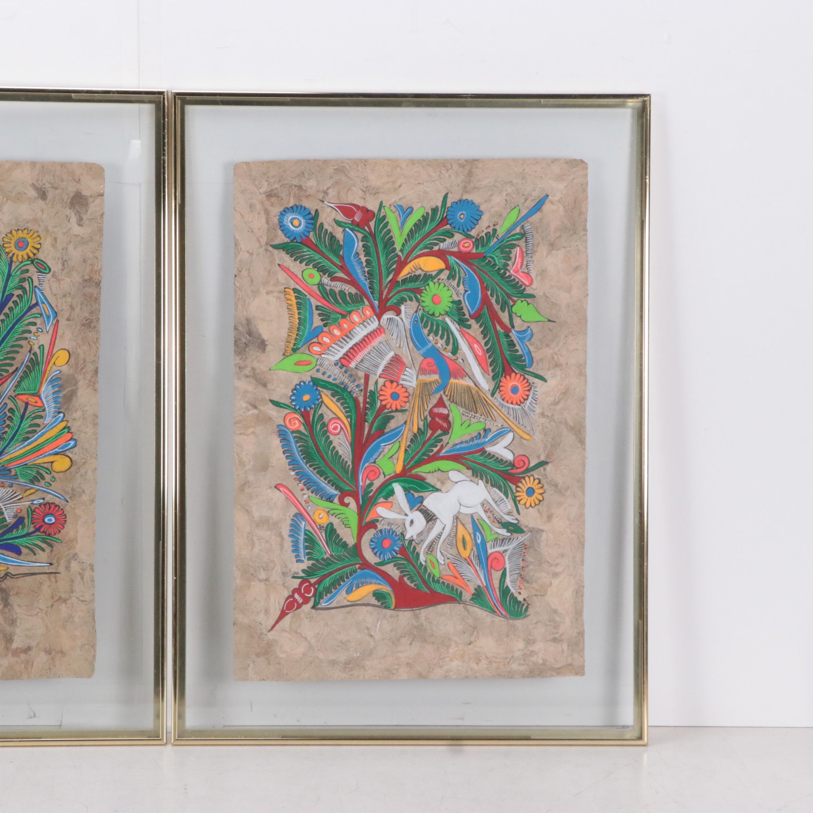 Mexican Folk Art Amate Bark Paintings of Birds and Flowers