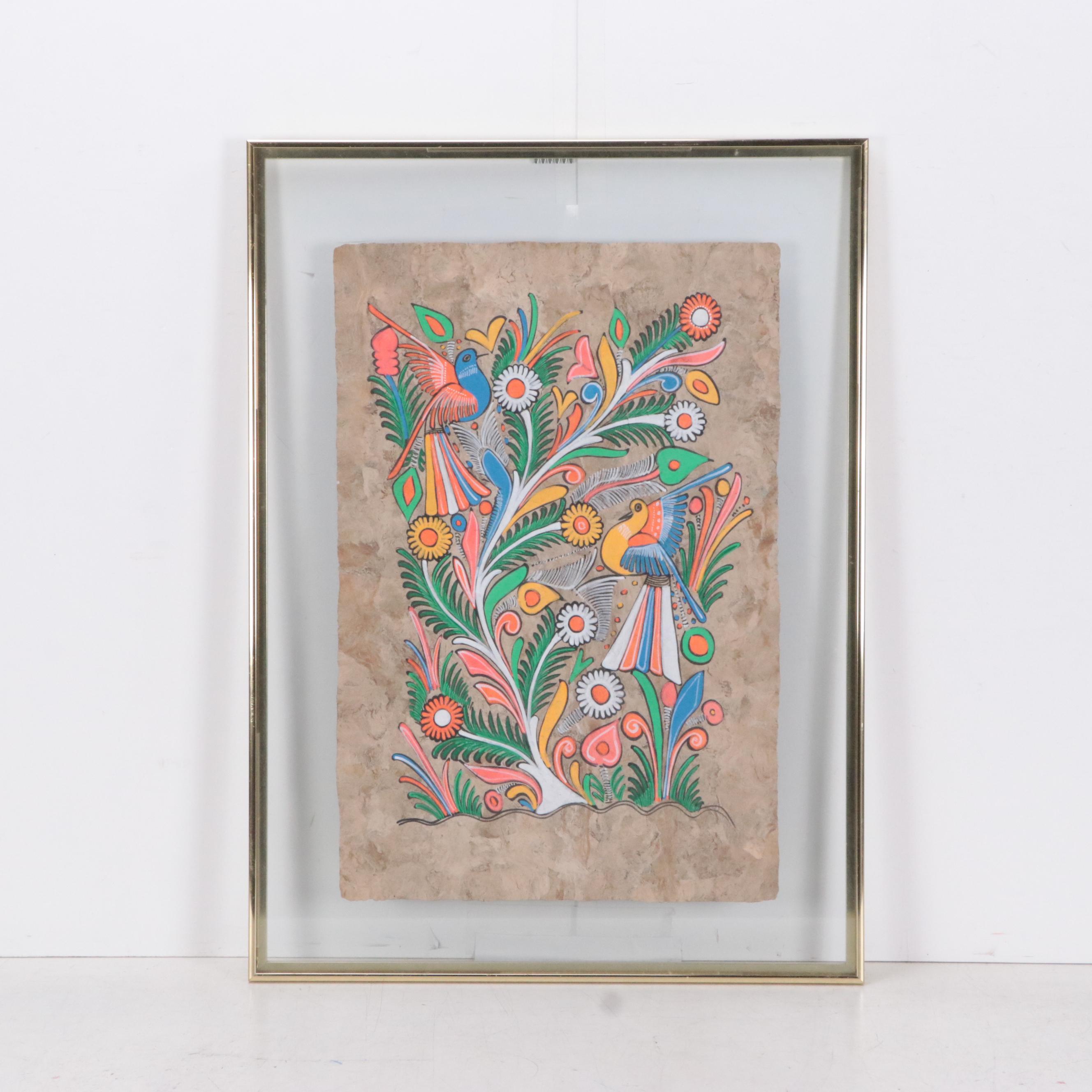 Mexican Folk Art Amate Bark Paintings of Birds and Flowers