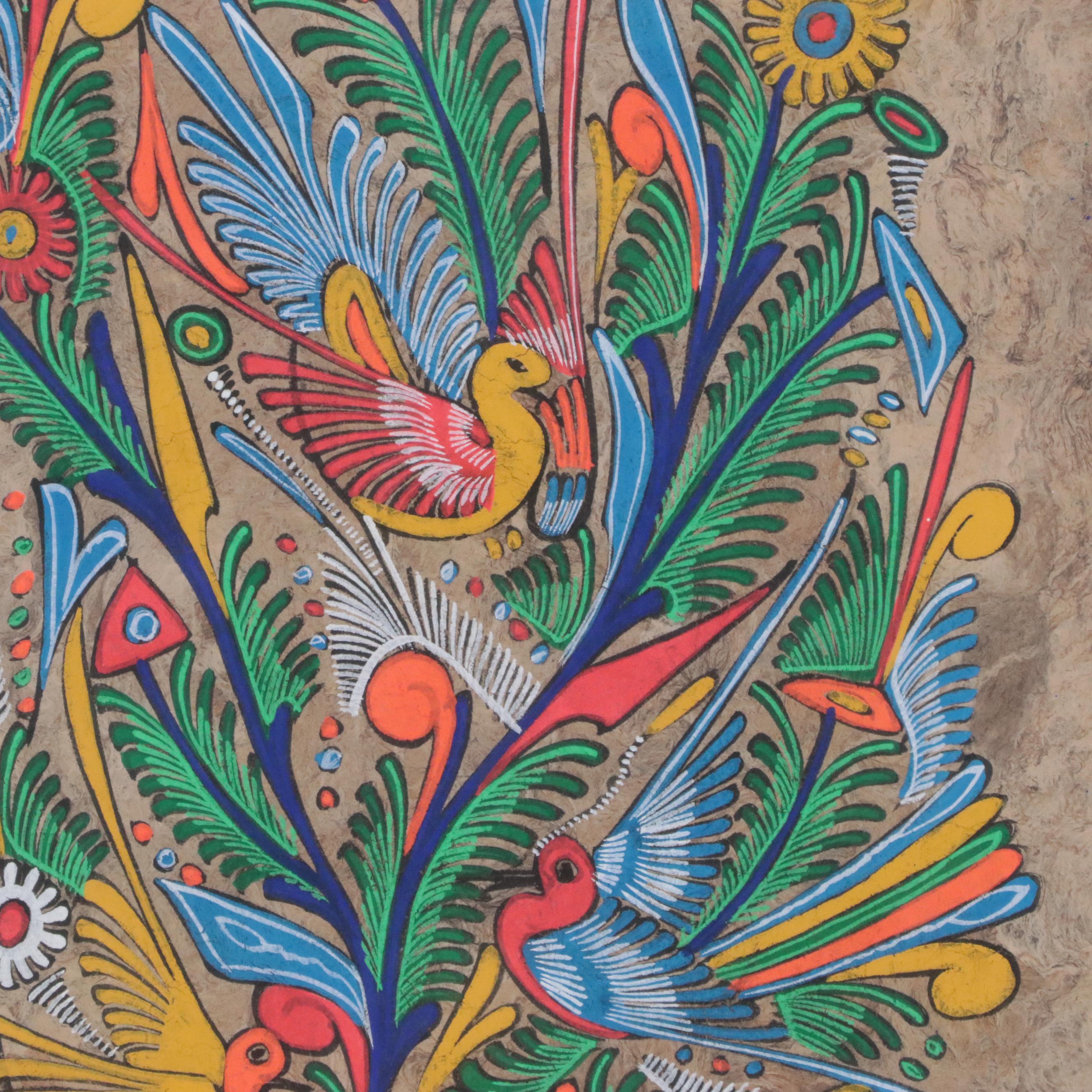 Mexican Folk Art Amate Bark Paintings of Birds and Flowers