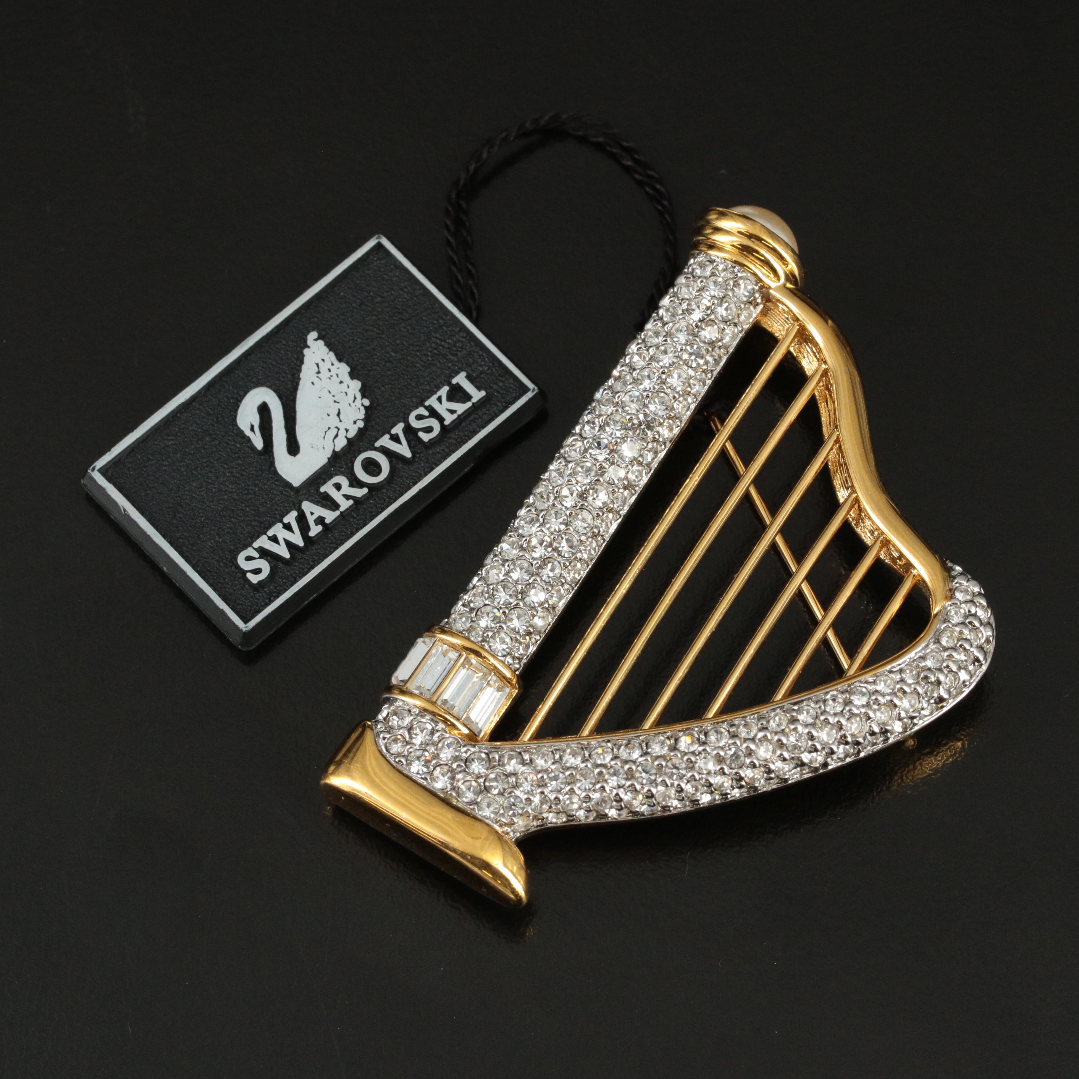 Swarovski Crystal and Faux Pearl Harp Brooch
