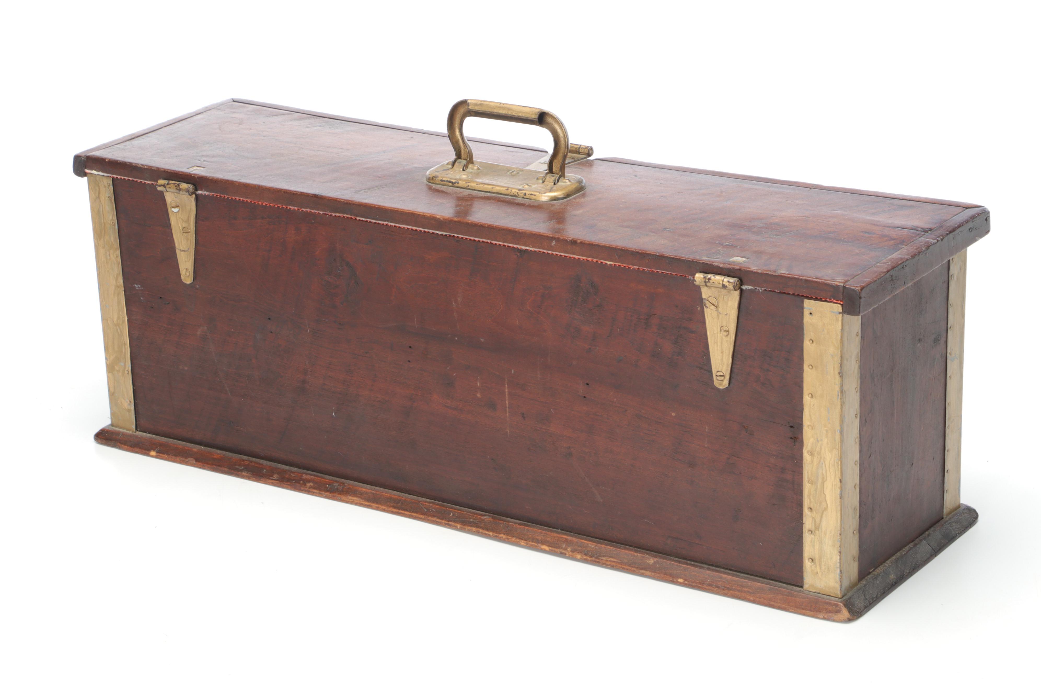 English Victorian Oblong Box with Brass Handle, Lock and Corner Guards