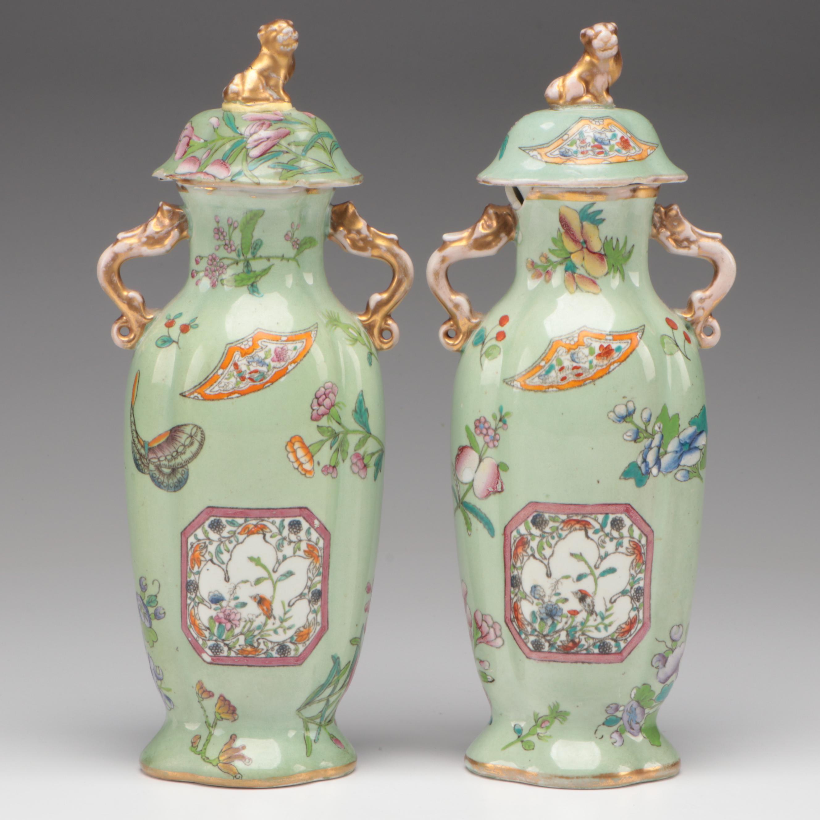 Chinese Celadon Ground Lidded Porcelain Vases with Guardian Lion Finials