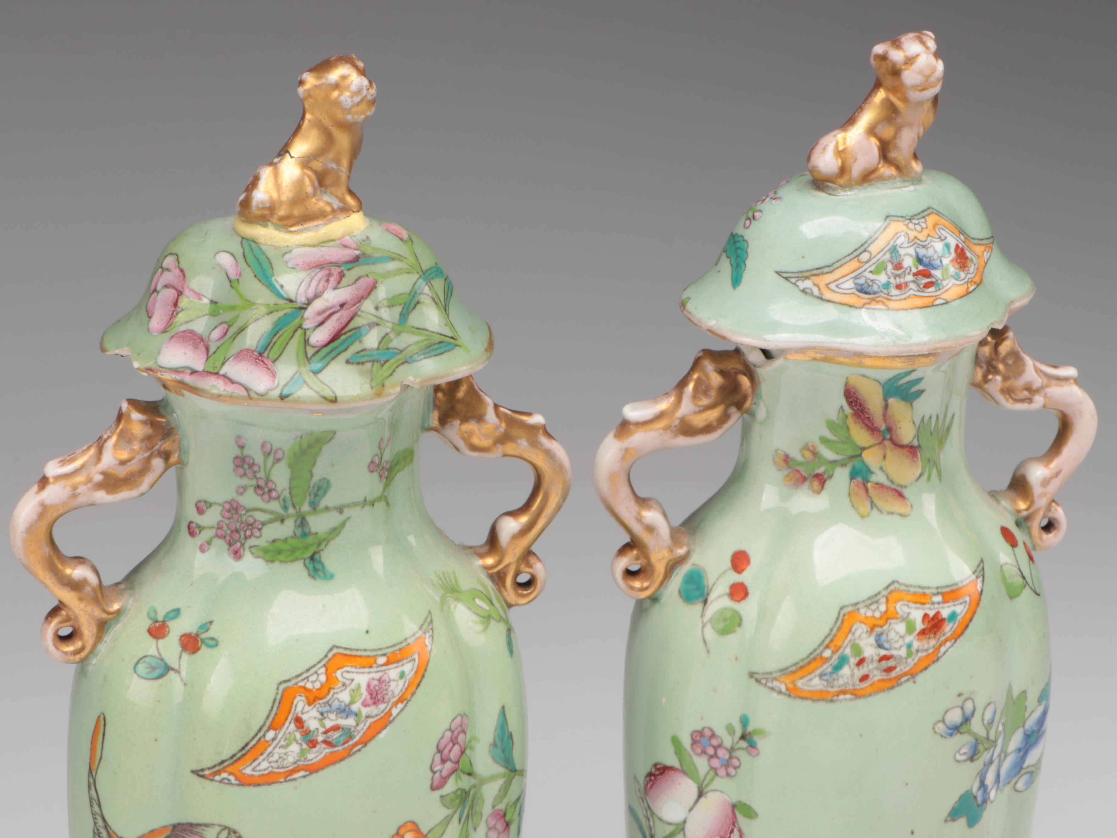 Chinese Celadon Ground Lidded Porcelain Vases with Guardian Lion Finials