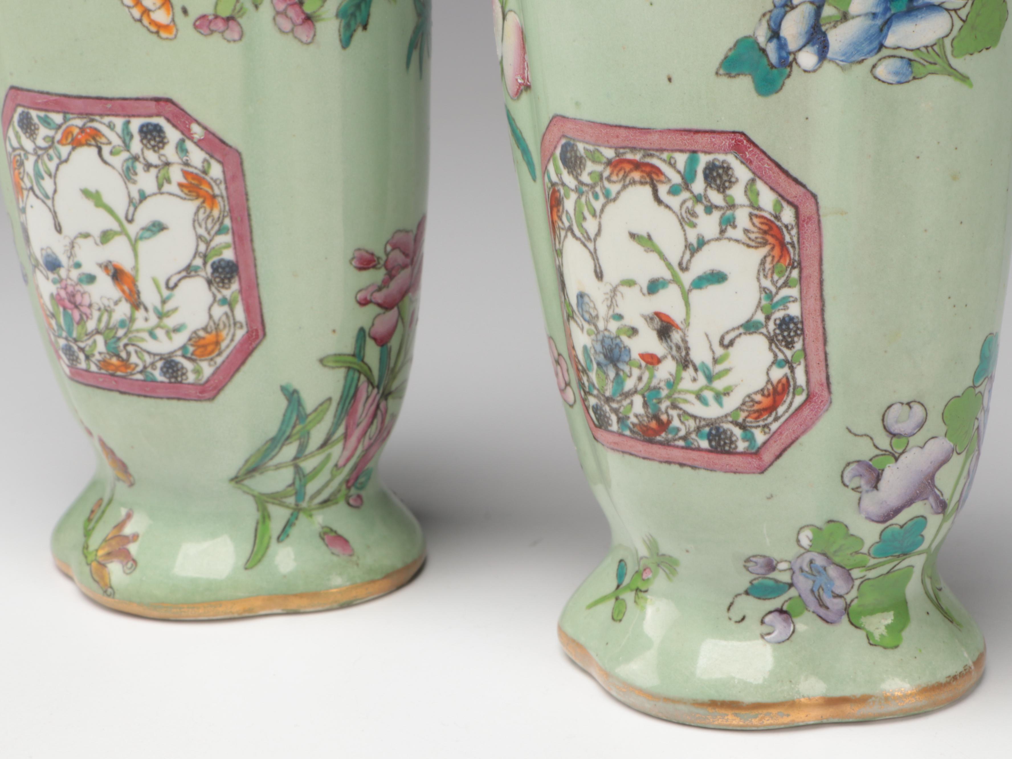 Chinese Celadon Ground Lidded Porcelain Vases with Guardian Lion Finials