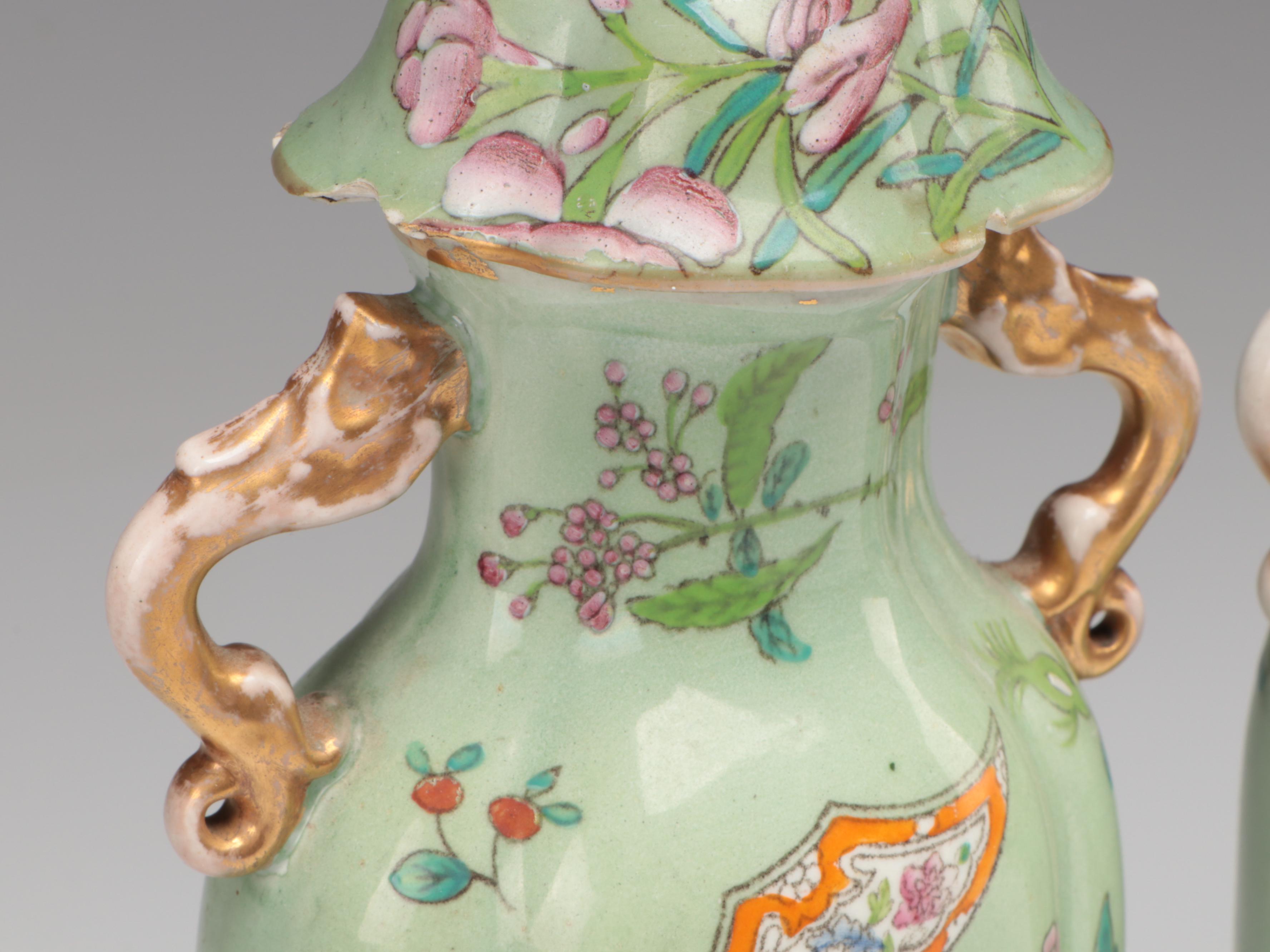 Chinese Celadon Ground Lidded Porcelain Vases with Guardian Lion Finials