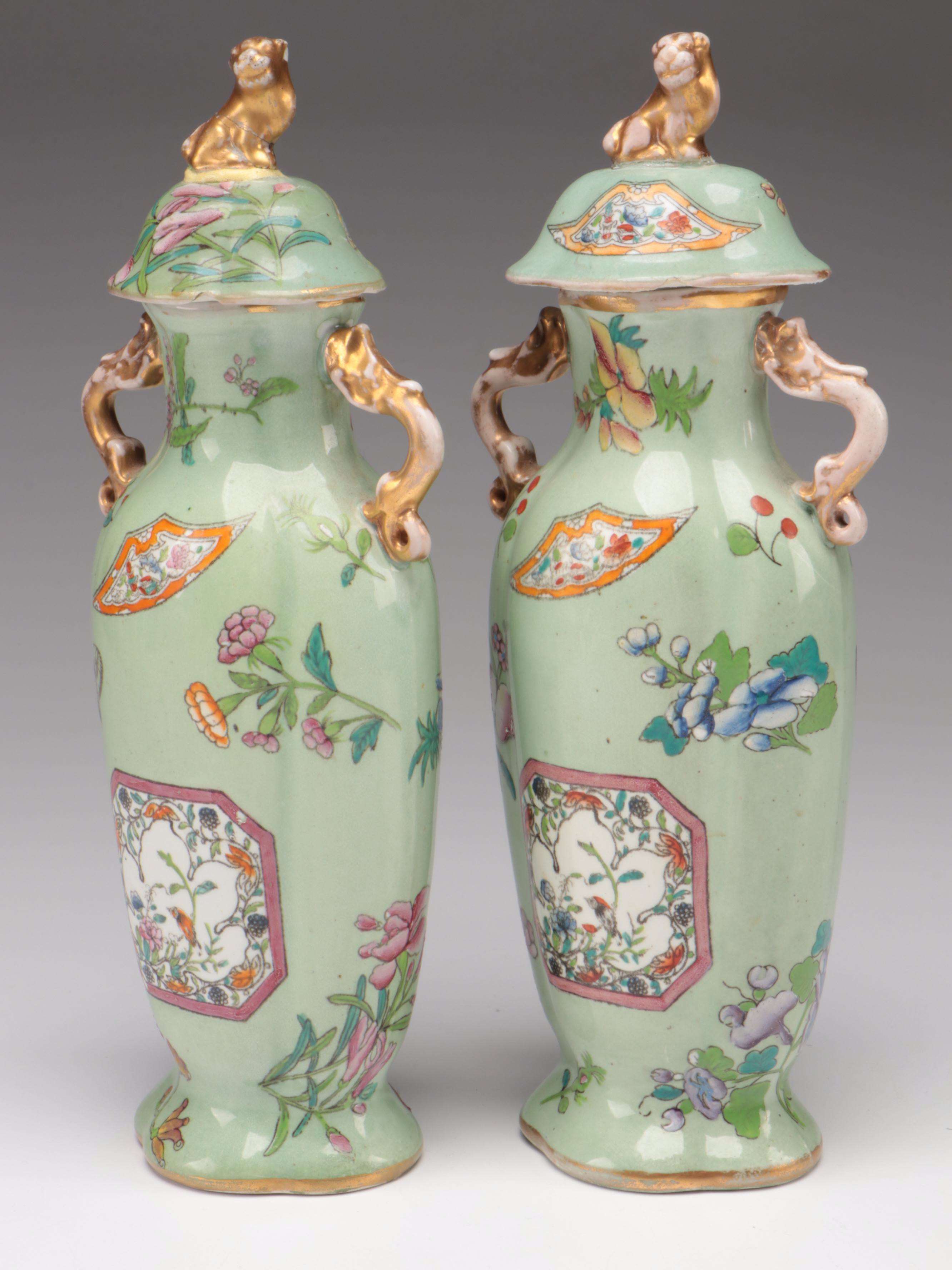 Chinese Celadon Ground Lidded Porcelain Vases with Guardian Lion Finials