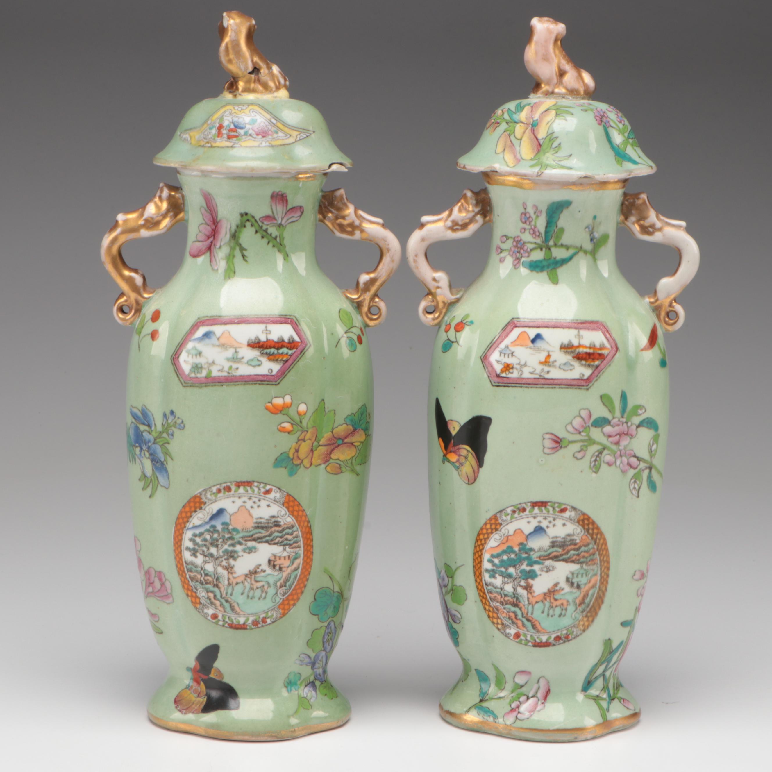 Chinese Celadon Ground Lidded Porcelain Vases with Guardian Lion Finials