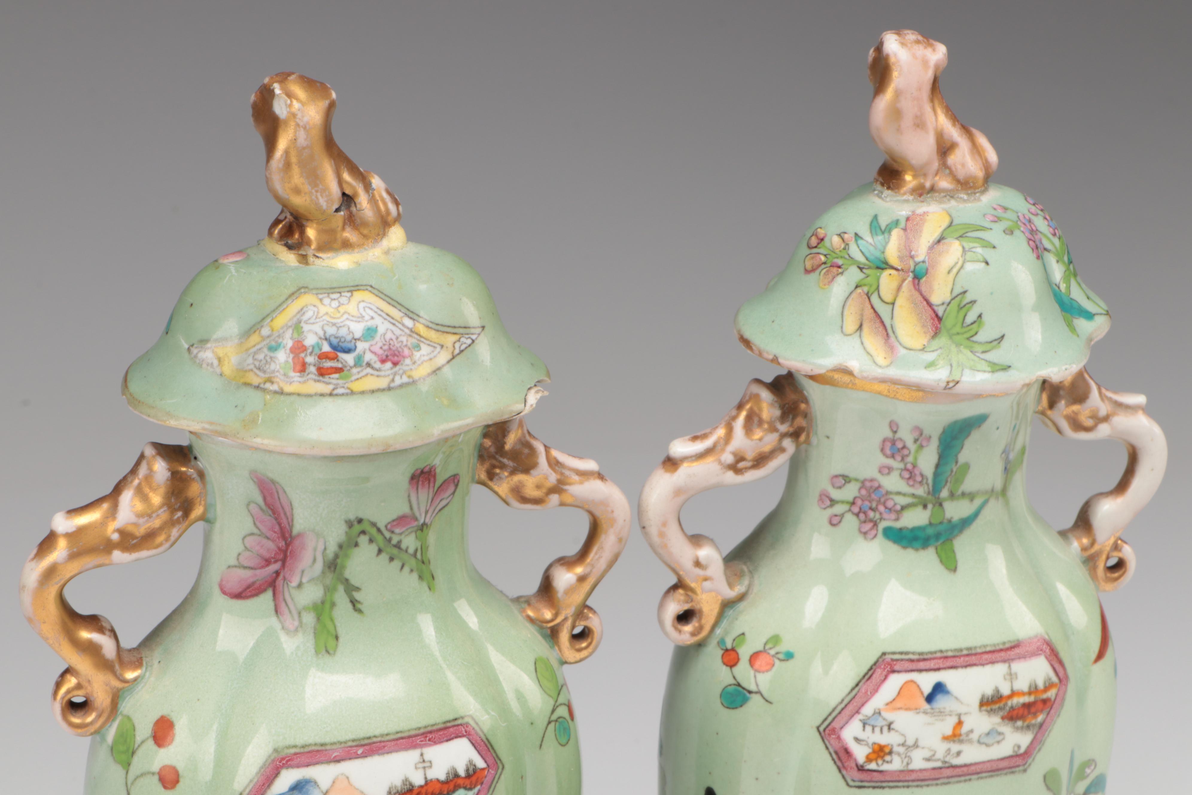 Chinese Celadon Ground Lidded Porcelain Vases with Guardian Lion Finials