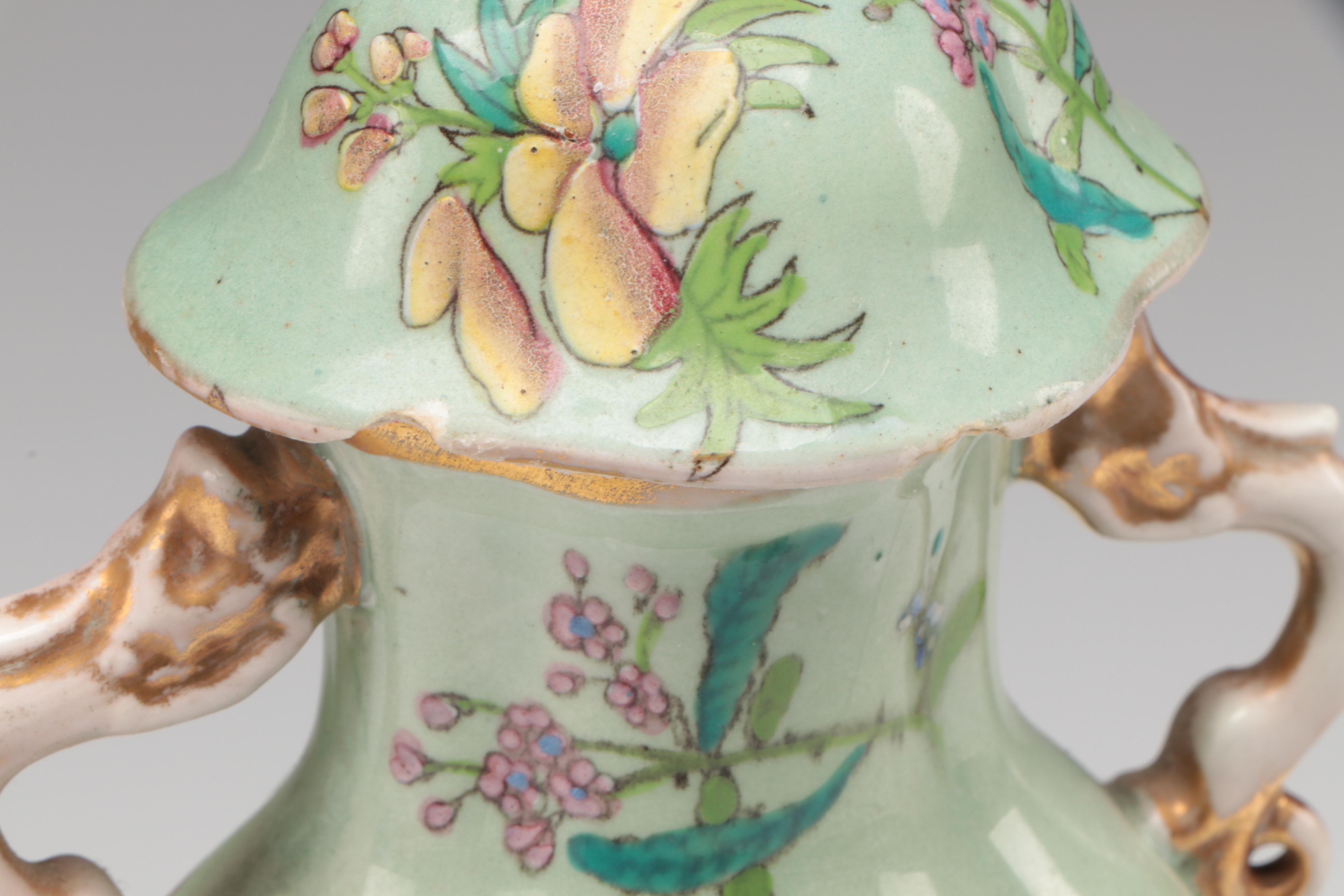 Chinese Celadon Ground Lidded Porcelain Vases with Guardian Lion Finials