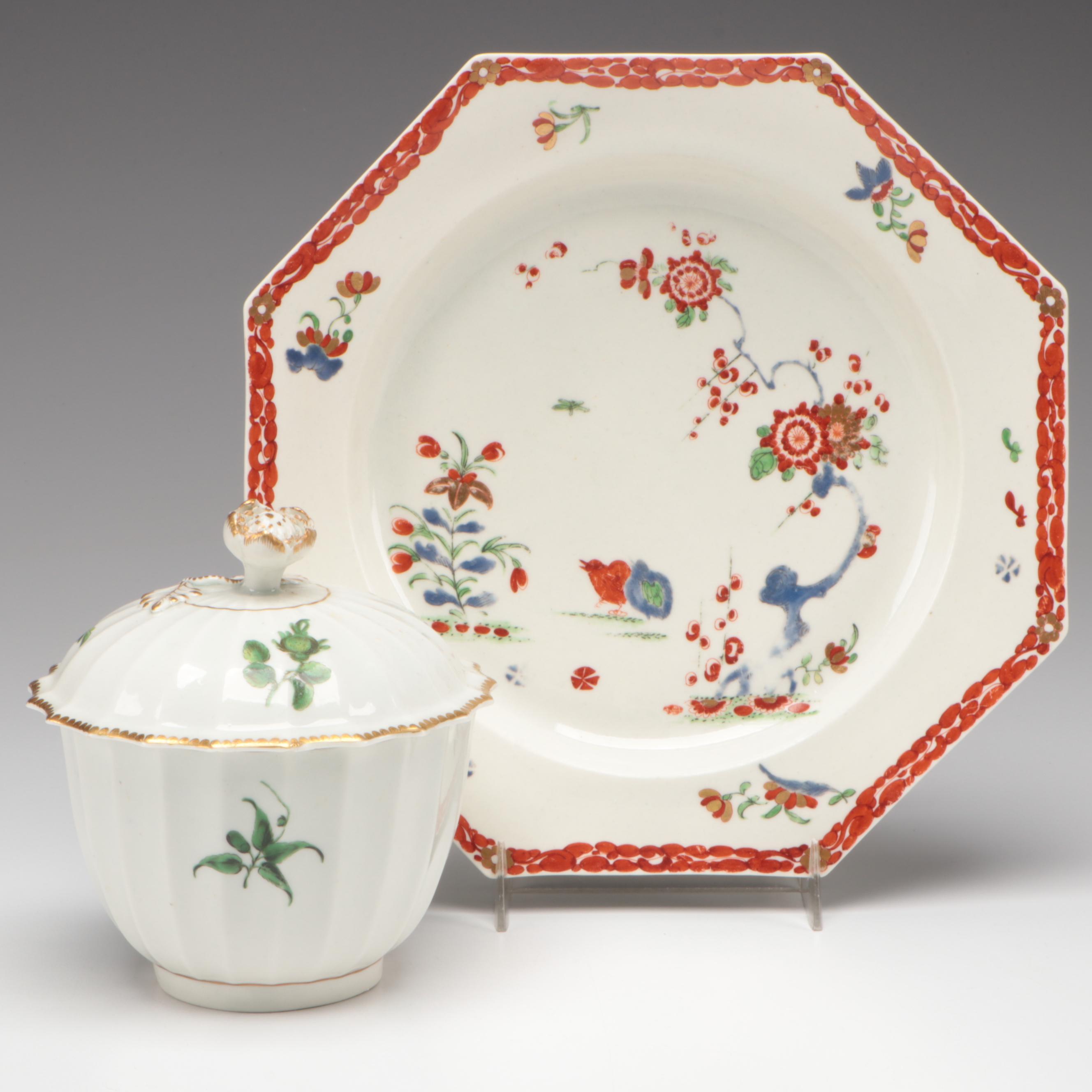 Dr. Wall Worcester Soft Paste Porcelain Kakiemon Plate and Covered Bowl, 18th C.