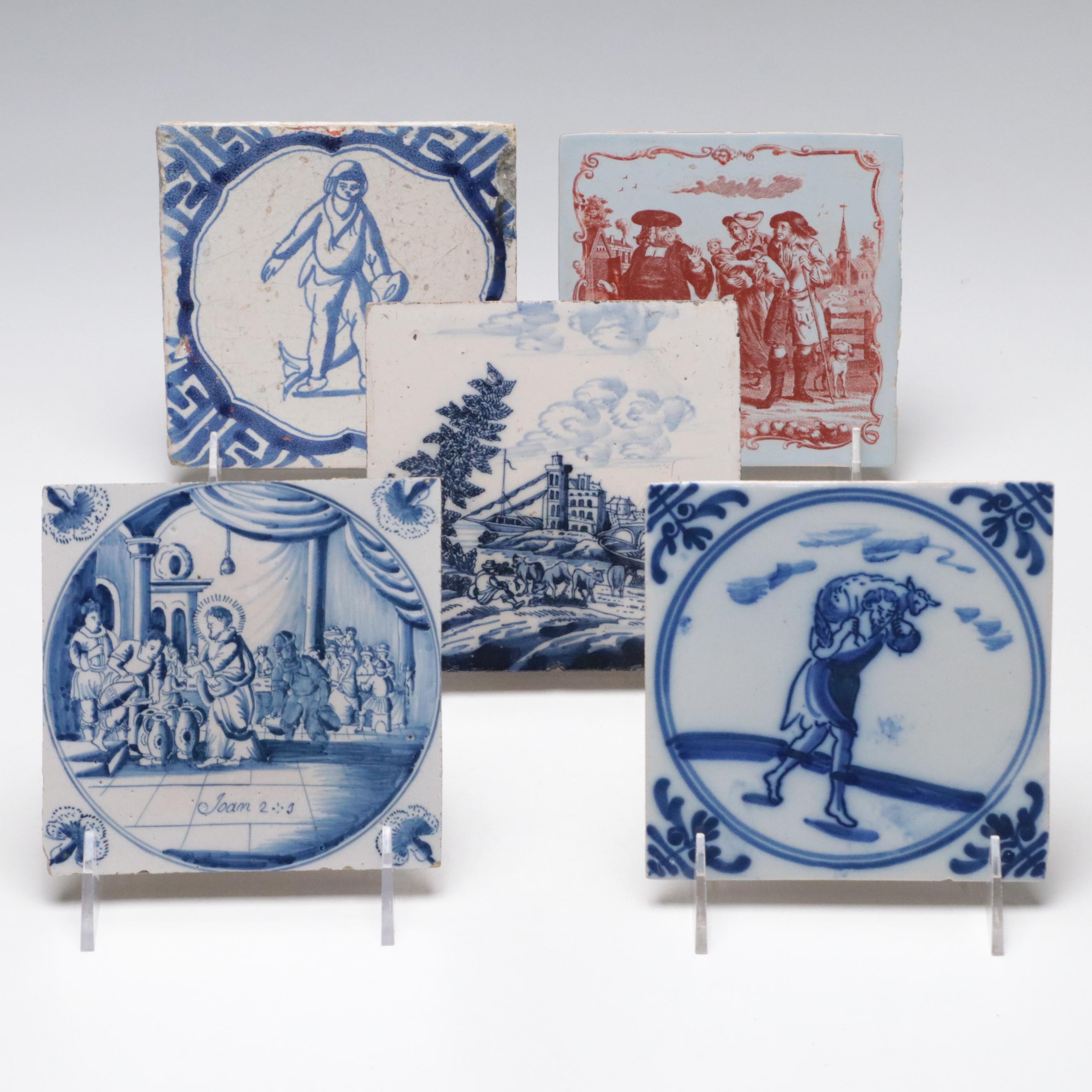 Jesus Turning Water into Wine with Other Dutch Blue and English Red Delft Tiles