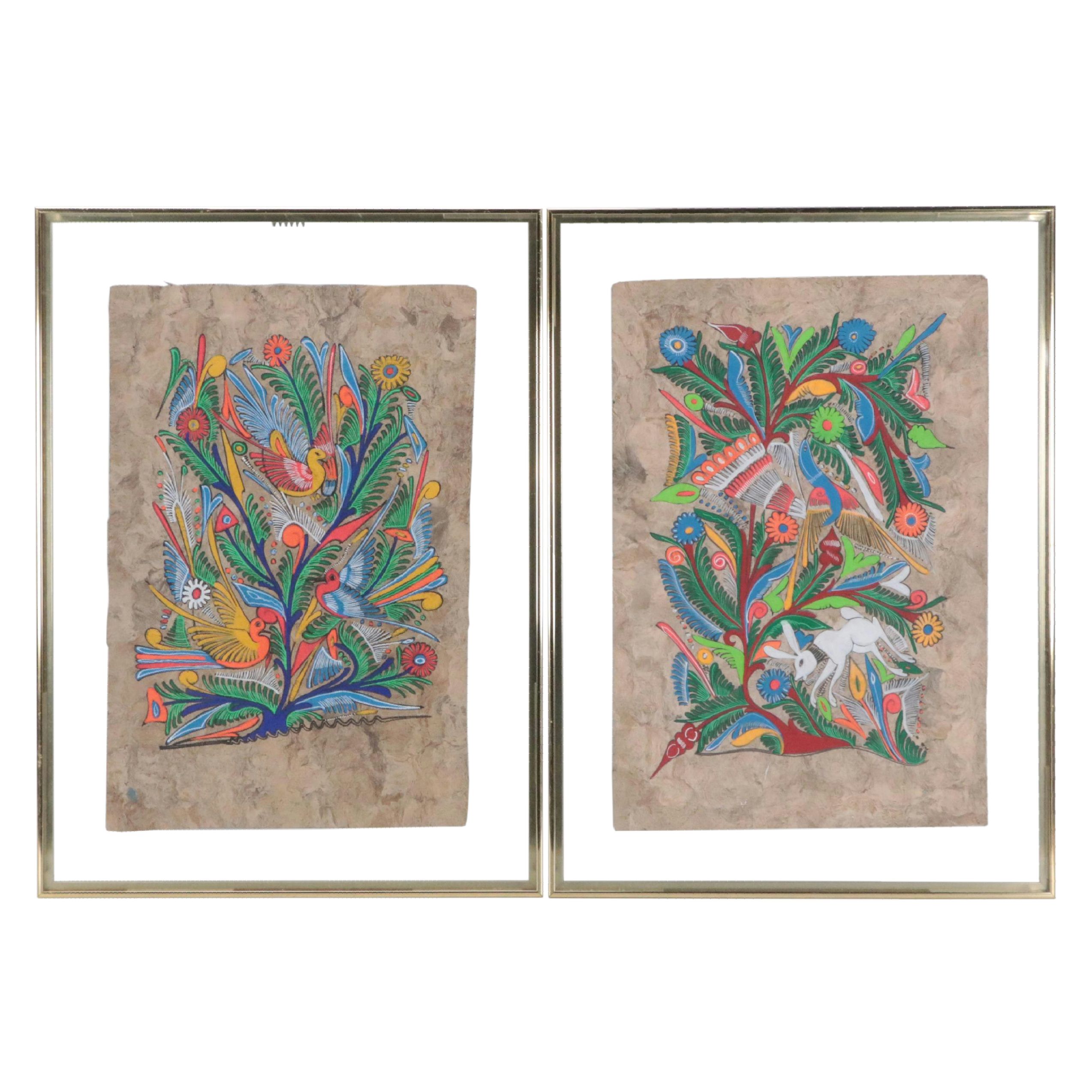 Mexican Folk Art Amate Bark Paintings of Birds and Flowers