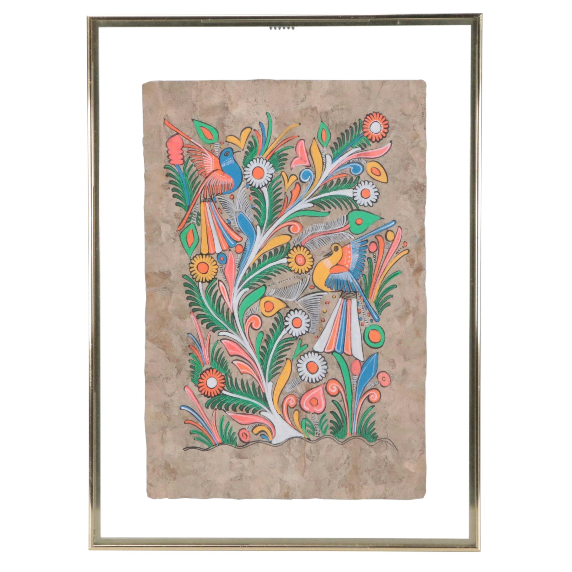 Mexican Folk Art Amate Bark Paintings of Birds and Flowers